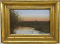 Peinture à l'huile originale anglaise au coucher du soleil, c.C. 1980 "Evening Star The River Avon". 