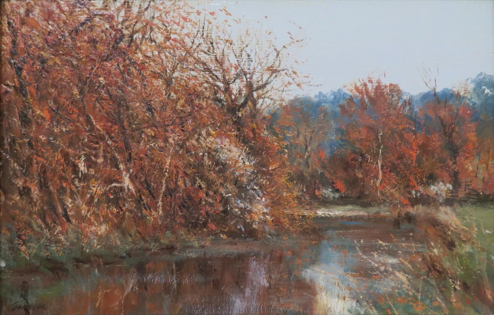 Original English Post Impressionist Ende des 20. Jahrhunderts Ölgemälde RIVER LANDSCAPE – Painting von Edward Dawson