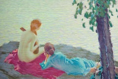 American Impressionist Landscape with female figures, titled "Evening Song"