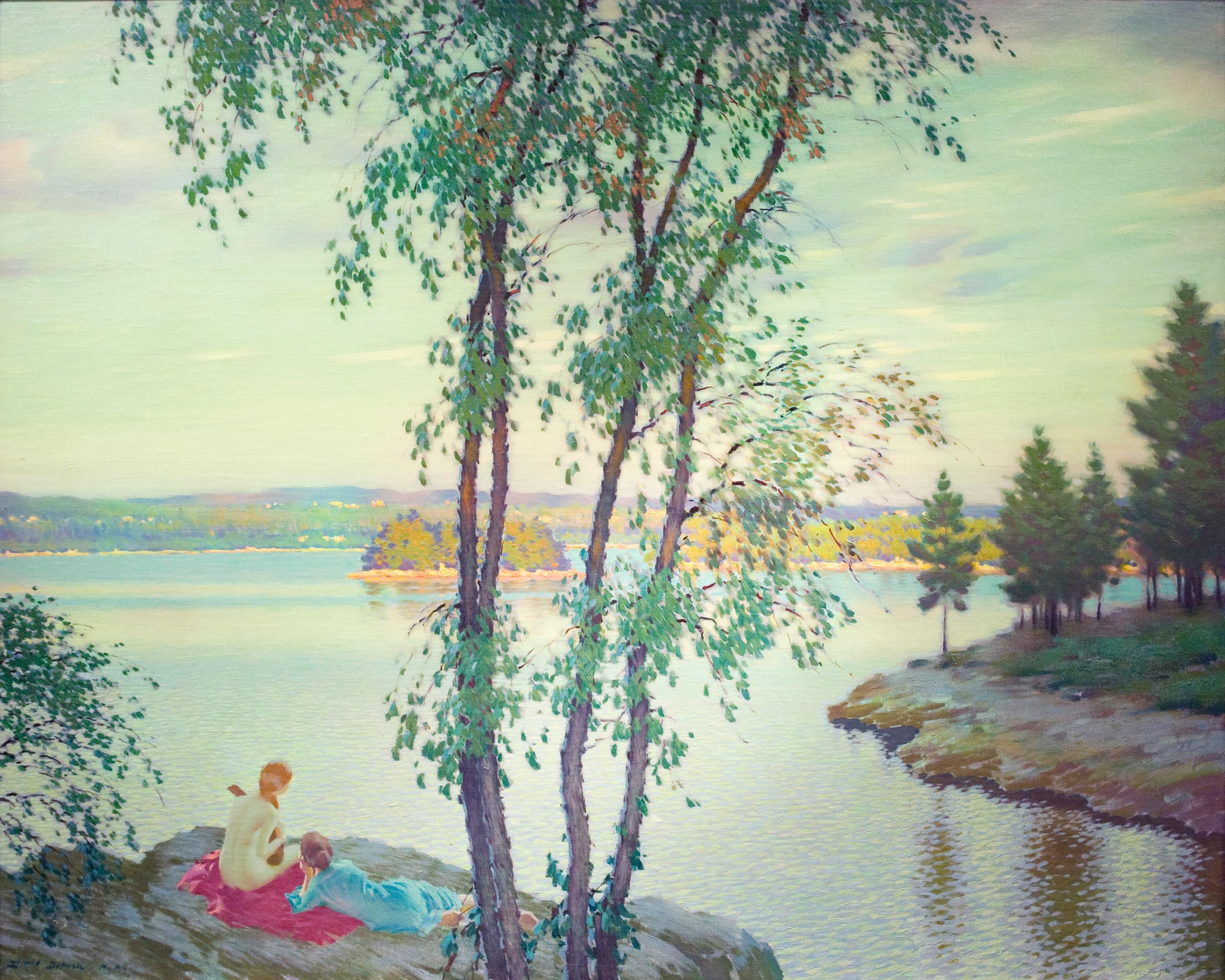 Edward Dufner Landscape Painting - American Impressionist Landscape with female figures, titled "Evening Song"
