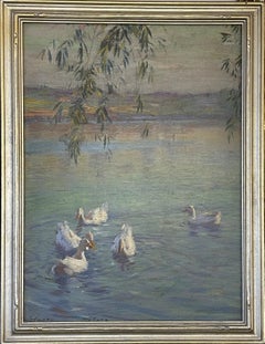 "Ducks on the Lake, " Edward Dufner, Bird Landscape, American Impressionism