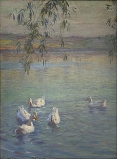 "Ducks on the Lake, " Edward Dufner, Bird Landscape, American Impressionism