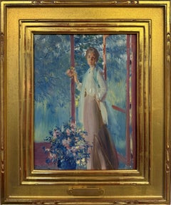 "The Screen Door" Edward Dufner, Pastel Blue, Impressionist, Female Figure