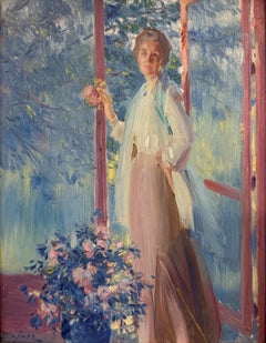 "The Screen Door" Edward Dufner, Pastel Blue, Impressionist, Female Figure
