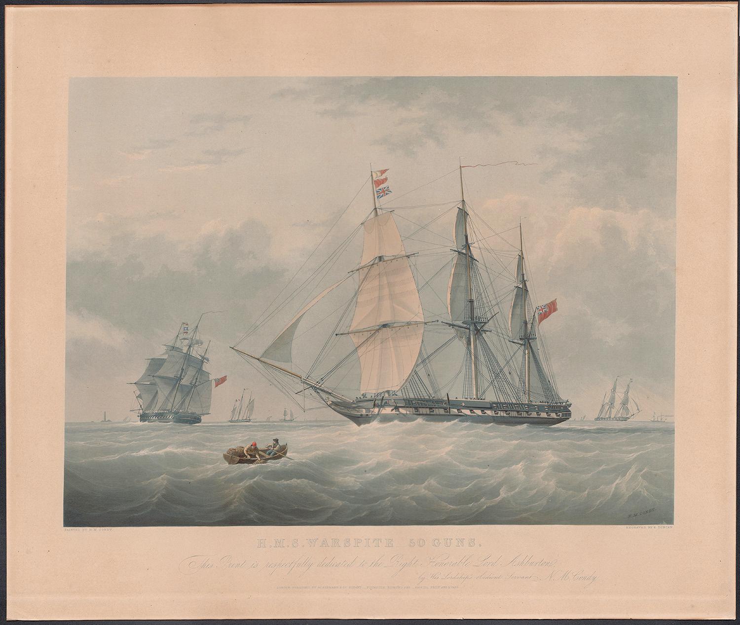 HMS Warspite 50 Guns, English antique naval sailing ship aquatint print - Print by Edward Duncan (1803-1882) after Nicholas Condy (1793-1857)