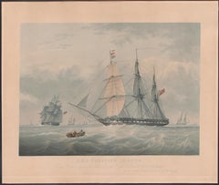 HMS Warspite 50 Guns, English antique naval sailing ship aquatint print