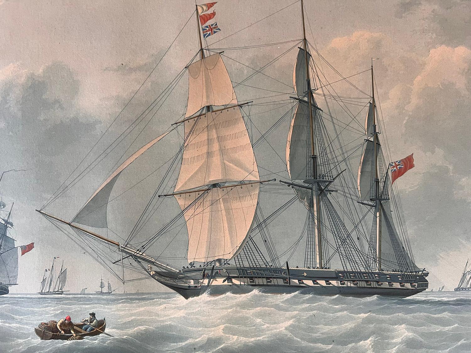 HMS Warspite 50 Guns, English antique naval sailing ship aquatint print - English School Print by Edward Duncan (1803-1882) after Nicholas Condy (1793-1857)