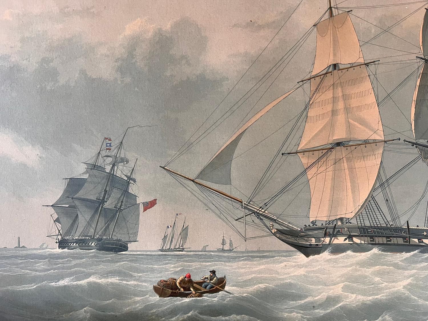 HMS Warspite 50 Guns, English antique naval sailing ship aquatint print - Beige Print by Edward Duncan (1803-1882) after Nicholas Condy (1793-1857)