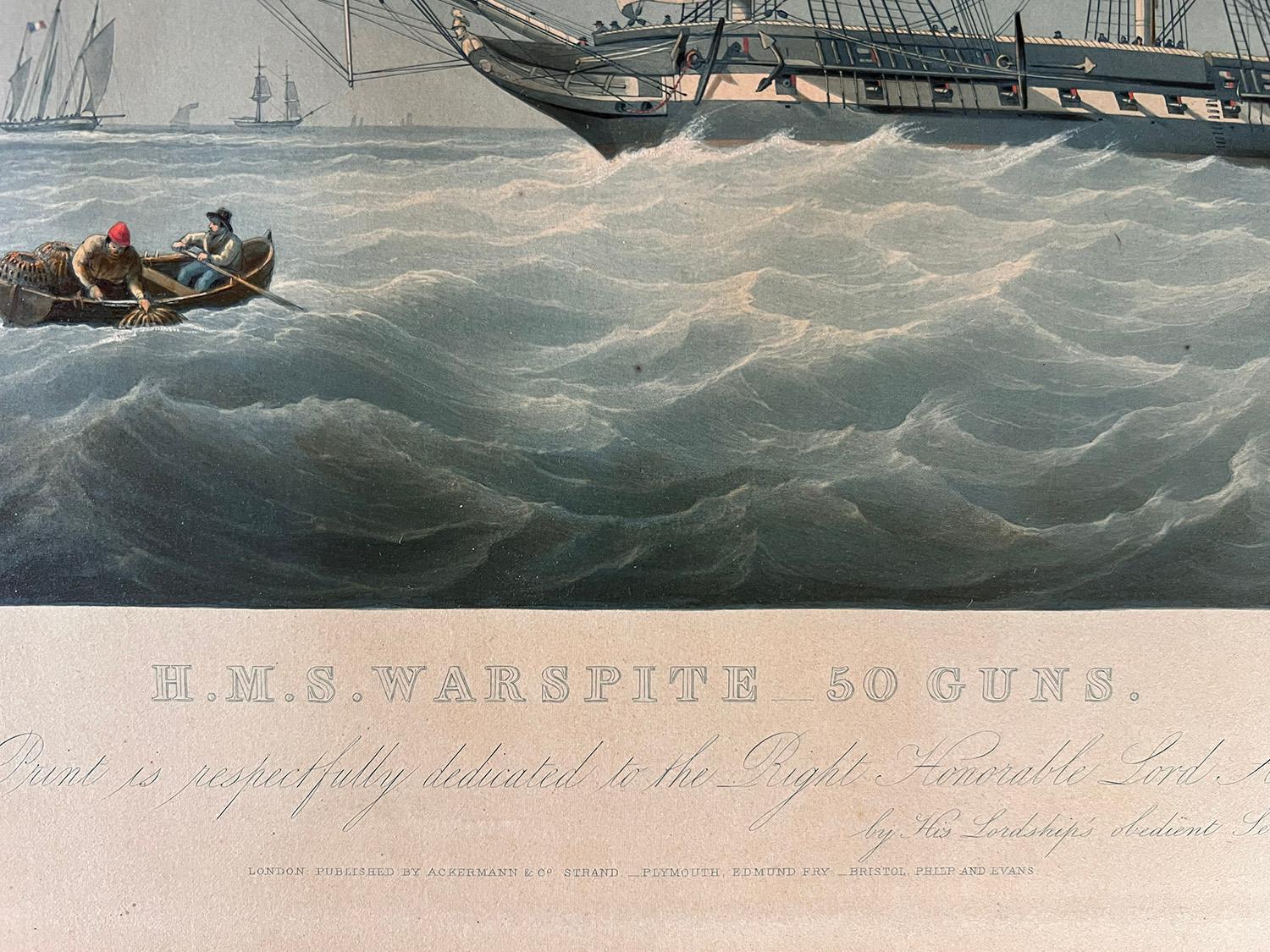 'HMS Warspite 50 Guns', English English naval aquatint,  with gum arabic highlights, by Edward Duncan after Nicholas Condy. Published by Ackermann & Co.

'Warspite' was built and launched, at Chatham in 1807 as a 74-gun two-decker. After an active