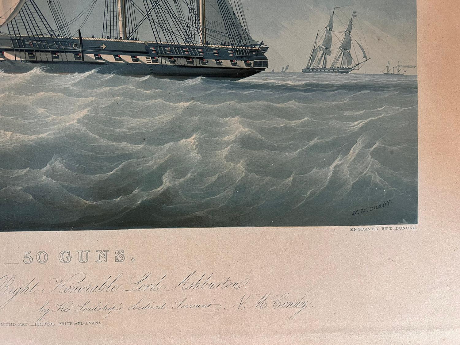 HMS Warspite 50 Guns, English antique naval sailing ship aquatint print For Sale 1