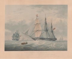 HMS Warspite 50 Guns, English Antique naval sailing ship aquatint print
