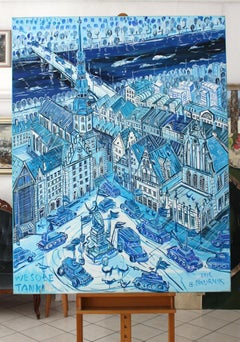 Happy tanks, Edward Dwurnik, Polish Painter, Oil on Canvas, XXI Century,