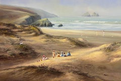 Large 20th Century British Traditional Oil Painting Children on Cornish Beach