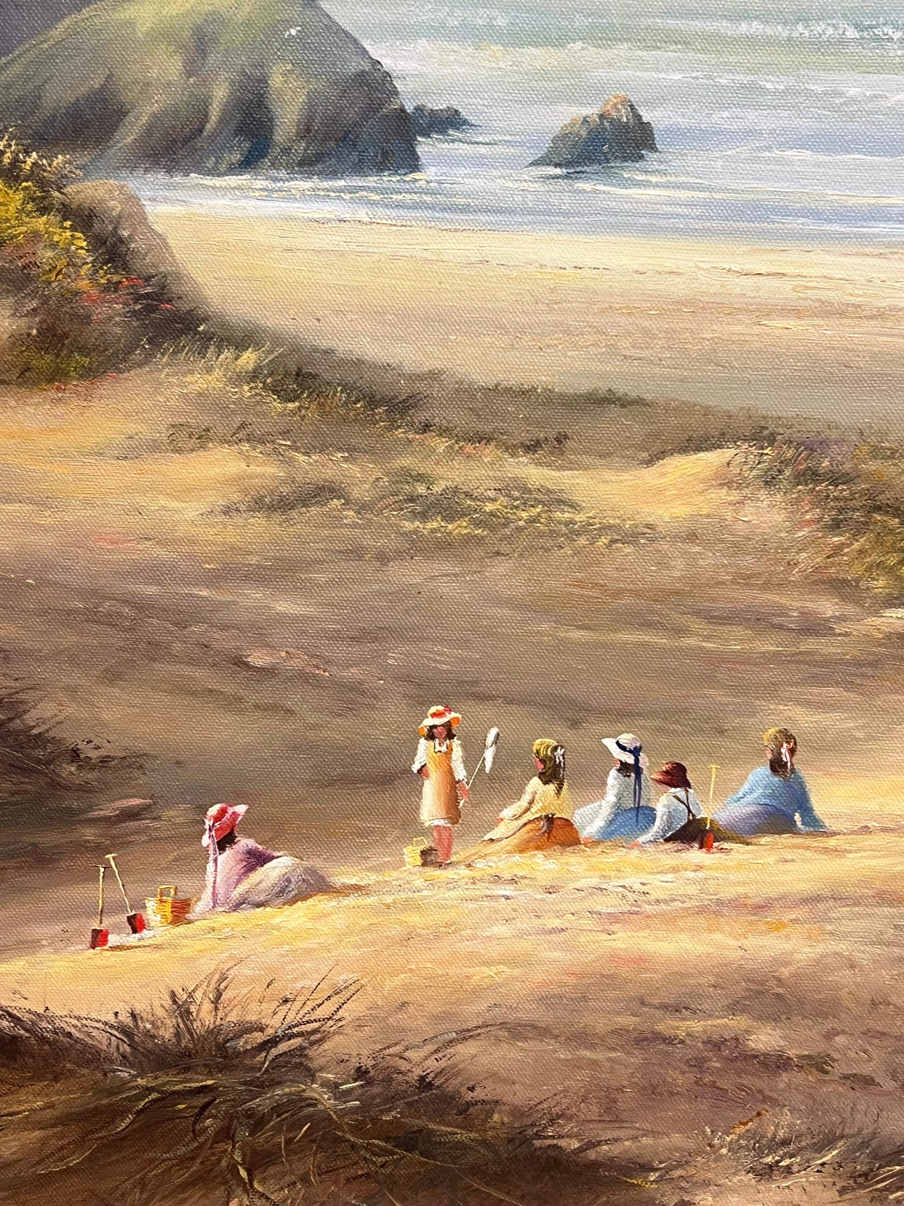 Grande peinture à l'huile traditionnelle britannique du 20e siècle Enfants sur une plage de Cornouailles - École anglaise Painting par Edward Dyer