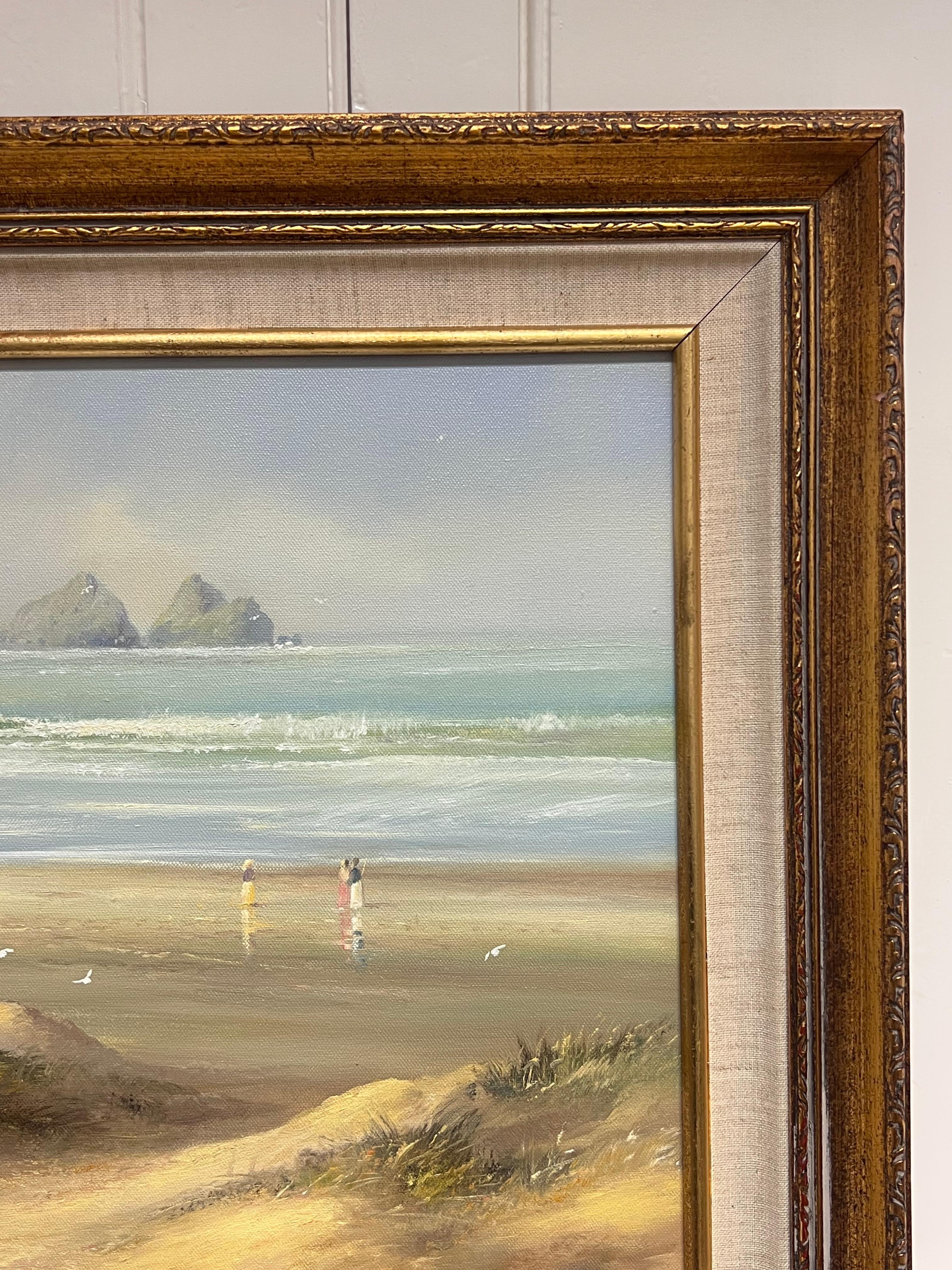 Grande peinture à l'huile traditionnelle britannique du 20e siècle Enfants sur une plage de Cornouailles en vente 2