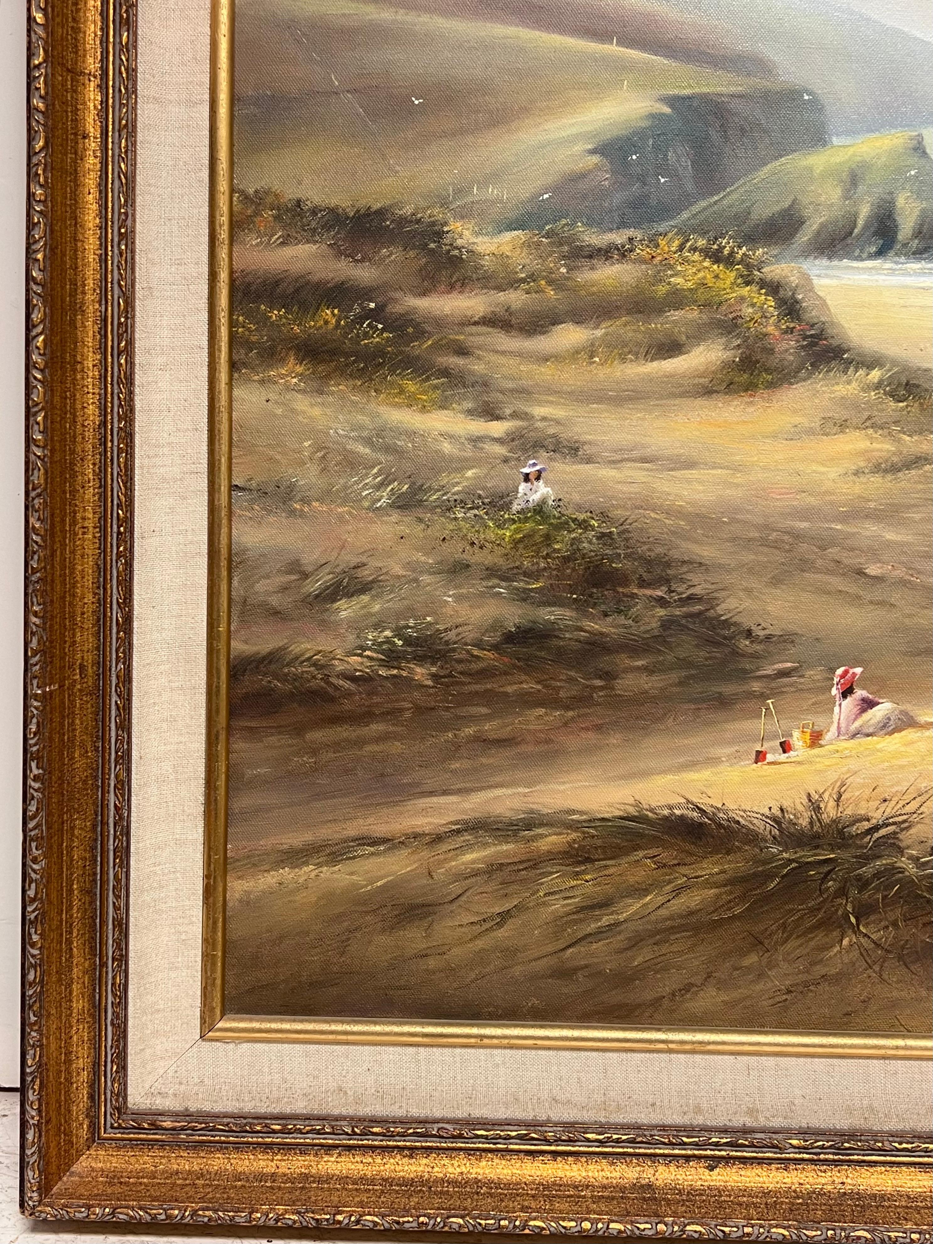 Grande peinture à l'huile traditionnelle britannique du 20e siècle Enfants sur une plage de Cornouailles en vente 3