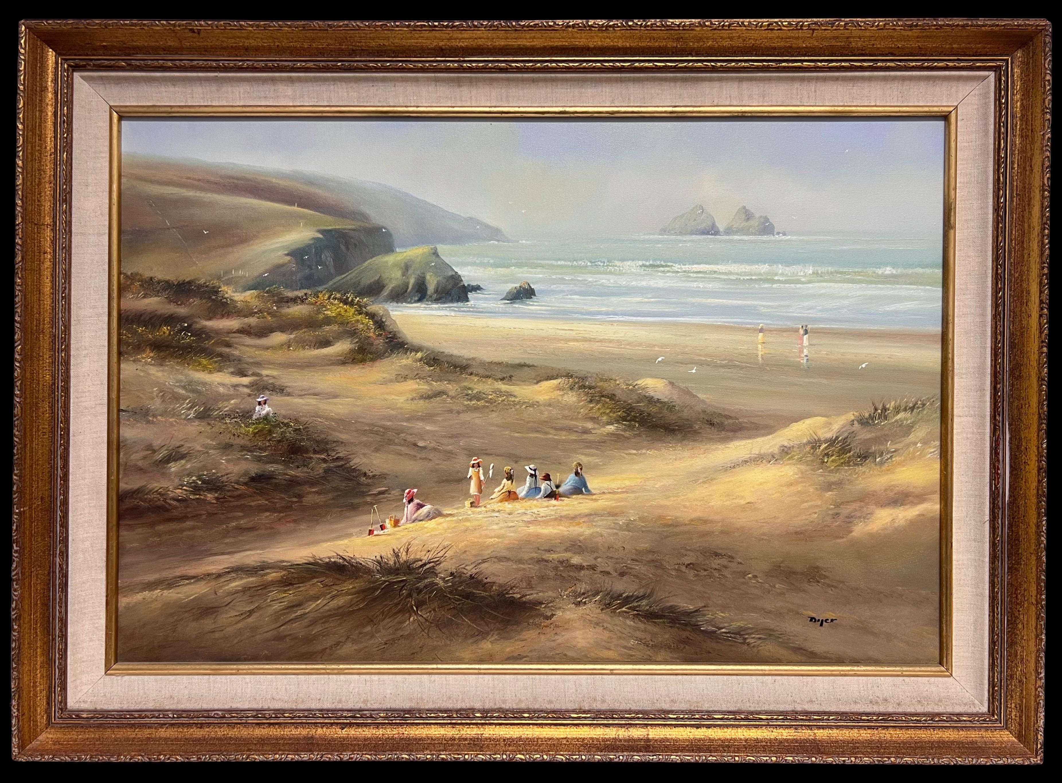 Grande peinture à l'huile traditionnelle britannique du 20e siècle Enfants sur une plage de Cornouailles