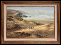 Gran óleo tradicional británico del siglo XX Niños en la playa de Cornualles
