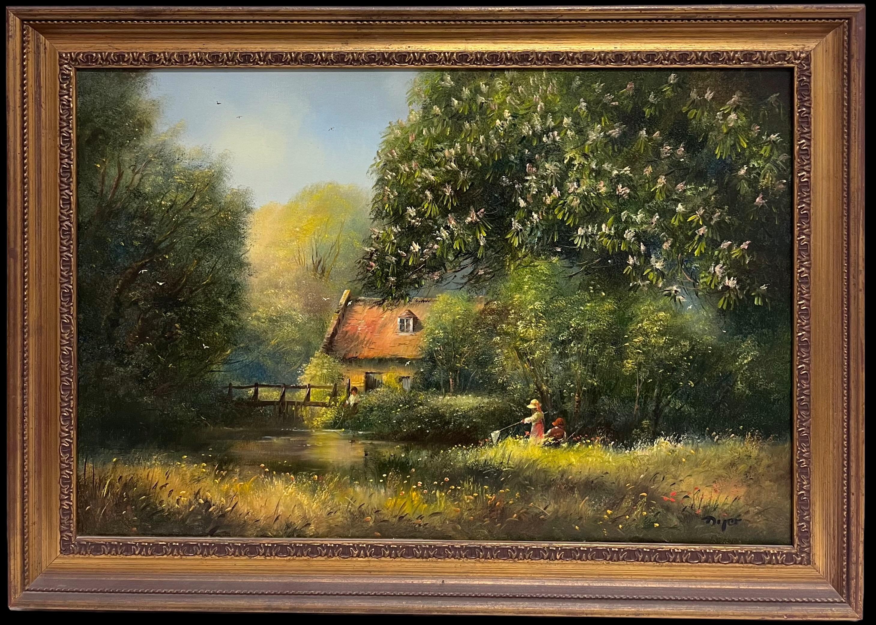 Traditional Rural English Countryside Oil Painting Children Fishing Old Pond