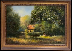 Traditional Rural English Countryside Oil Painting Children Fishing Old Pond