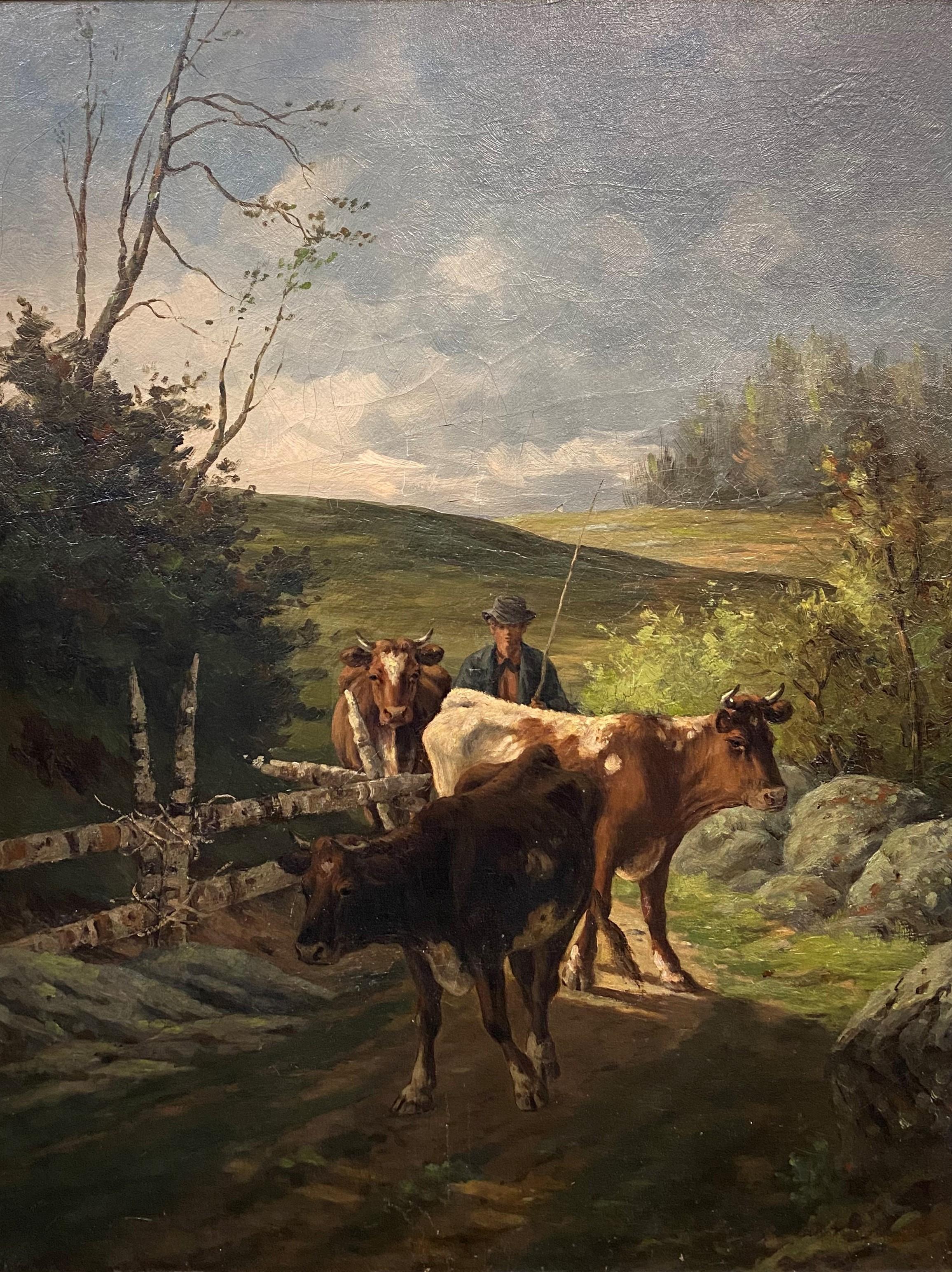 A Farmer With His Cows - Painting by Edward E. Burrill