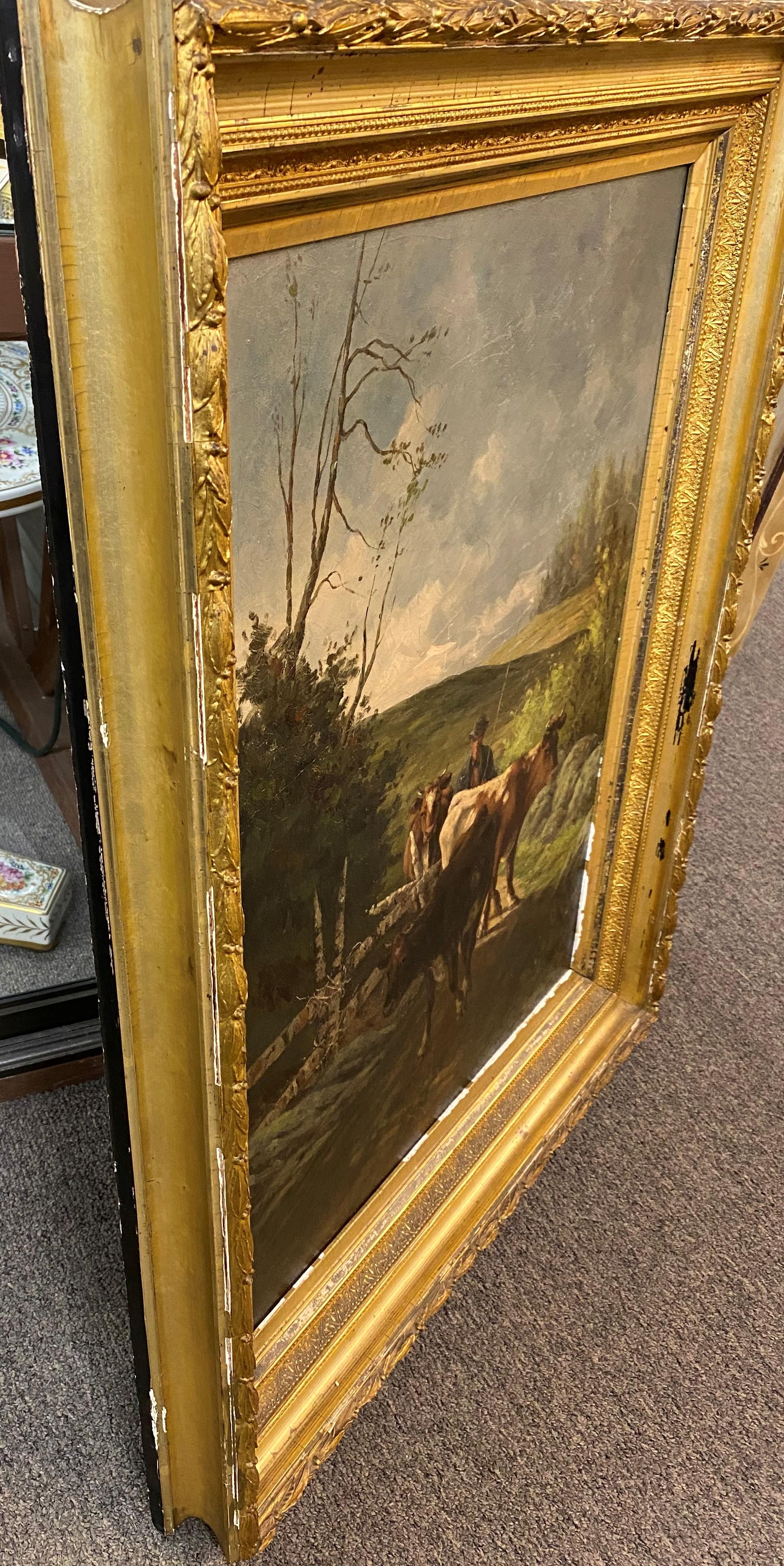 A fine New England bucolic landscape with a farmer and his cows by American artist Edward E. Burrill (1835-1913). Burrill was born in Newburyport, MA and during the 1860's, he worked as a lithographer for Meisel Brothers,J.H. Bufford,and J.H.