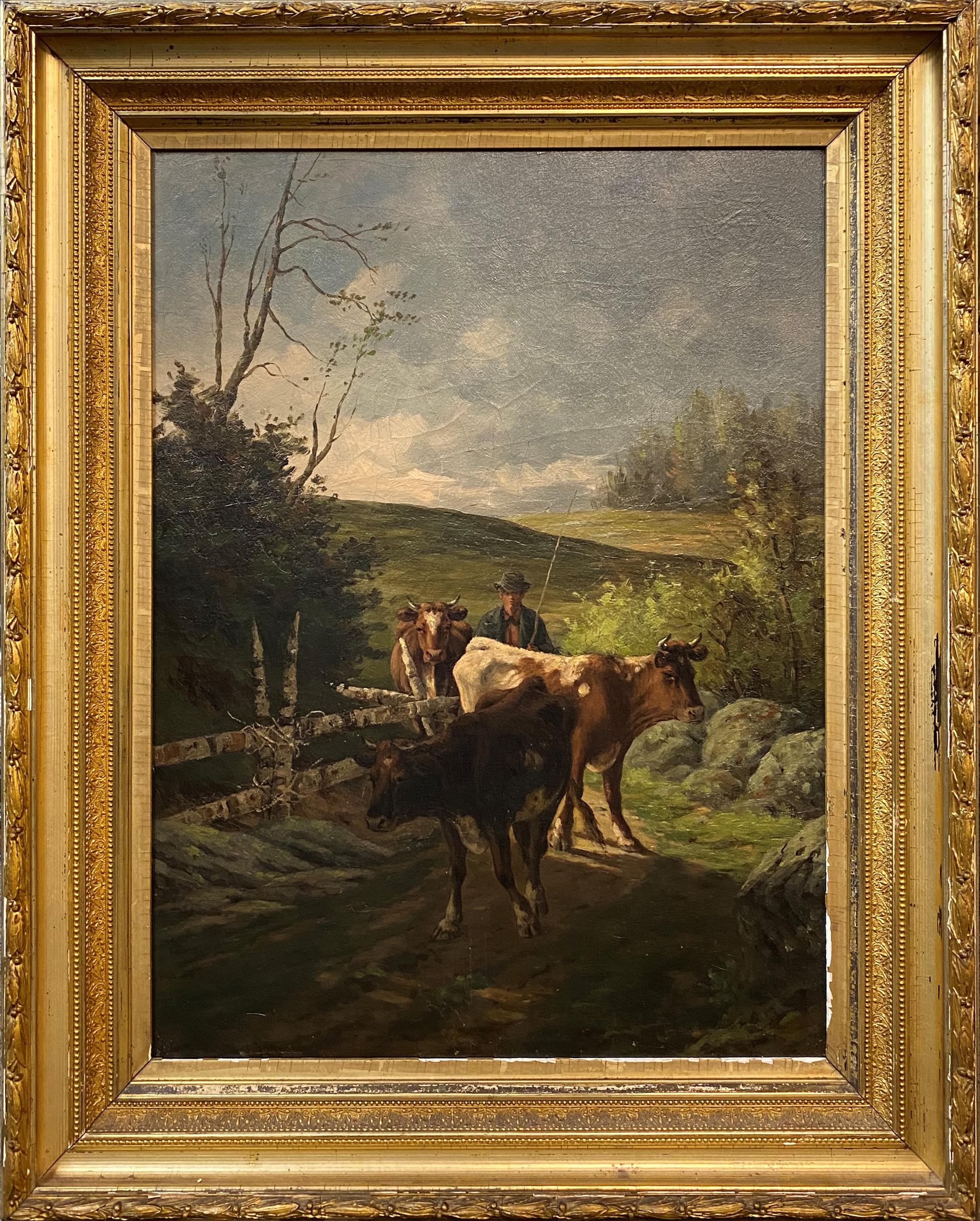 Edward E. Burrill Animal Painting - A Farmer With His Cows