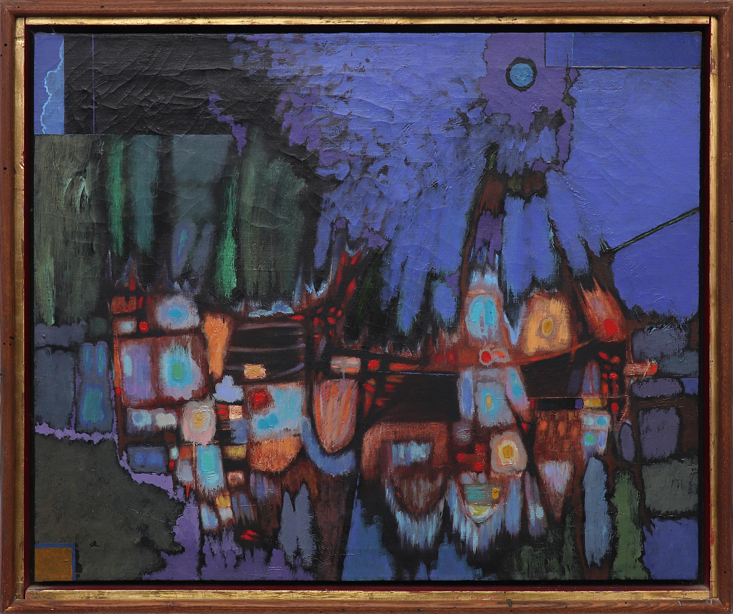 Edward (Eduardo) Arcenio Chavez Abstract Painting - Florentine Night, 1950s Abstract Oil Painting by Edward Chavez, Purple Blue