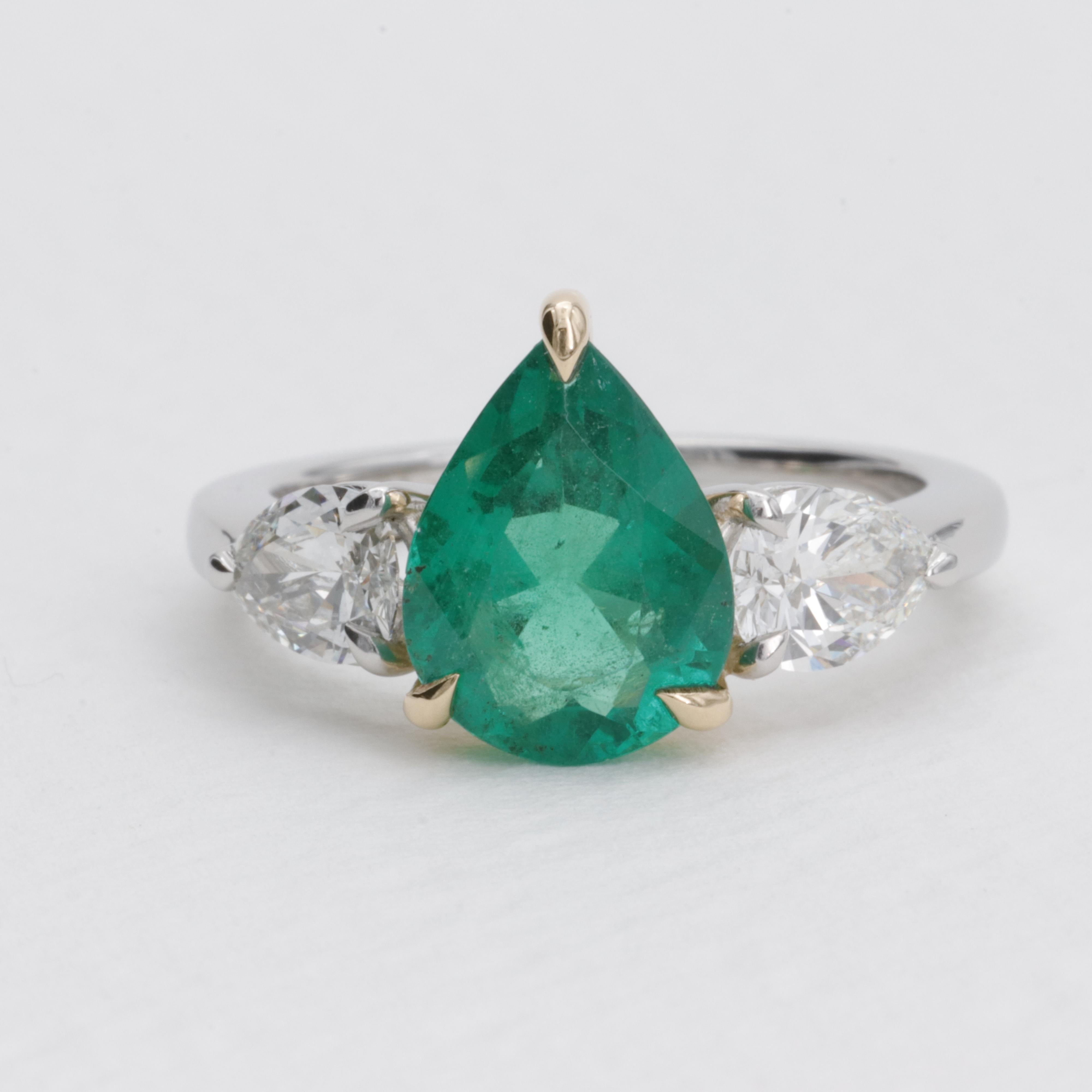 Pear Cut Edward Elise Emerald and Diamond Three Stone Ring in Platinum & 18 Karat For Sale