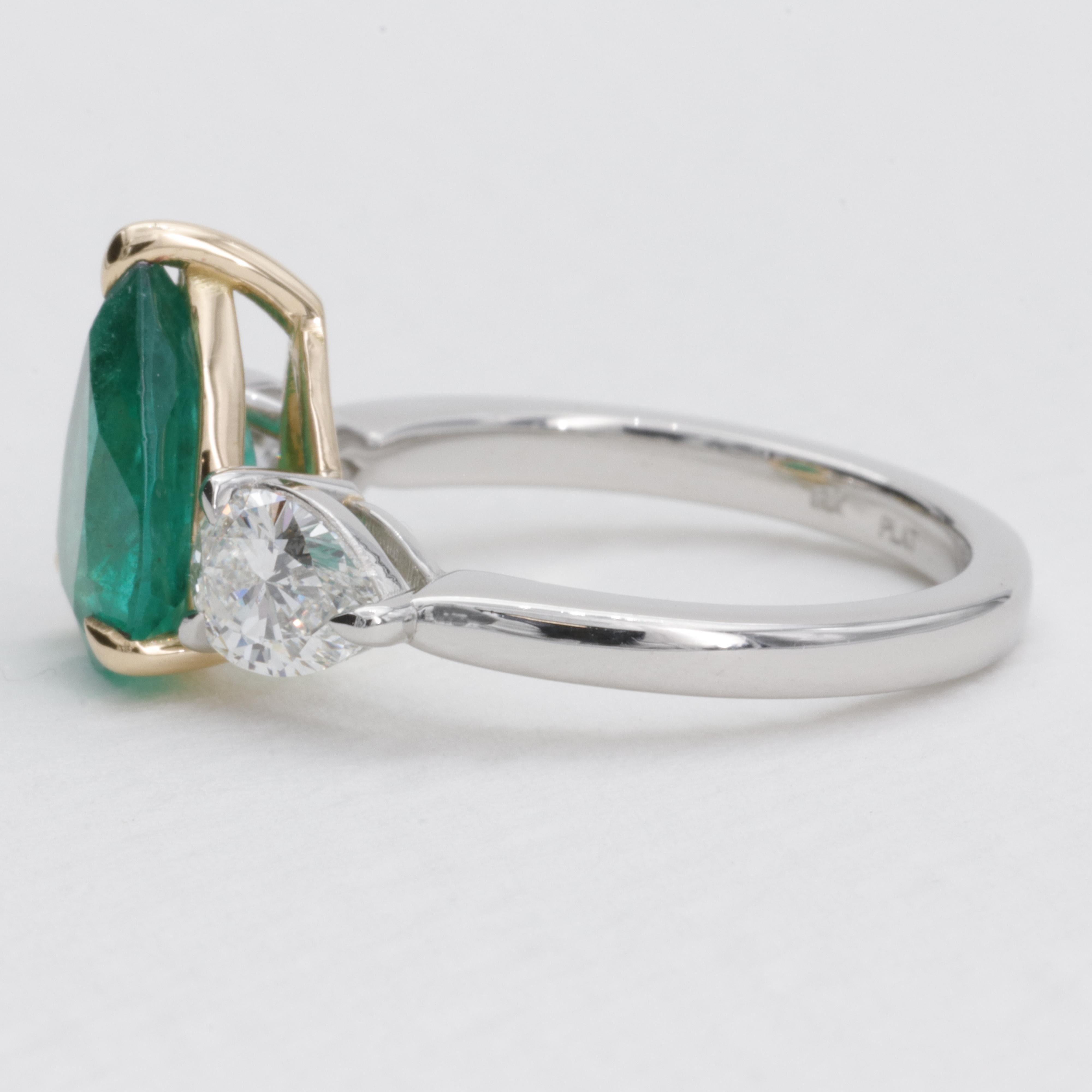 Women's or Men's Edward Elise Emerald and Diamond Three Stone Ring in Platinum & 18 Karat For Sale