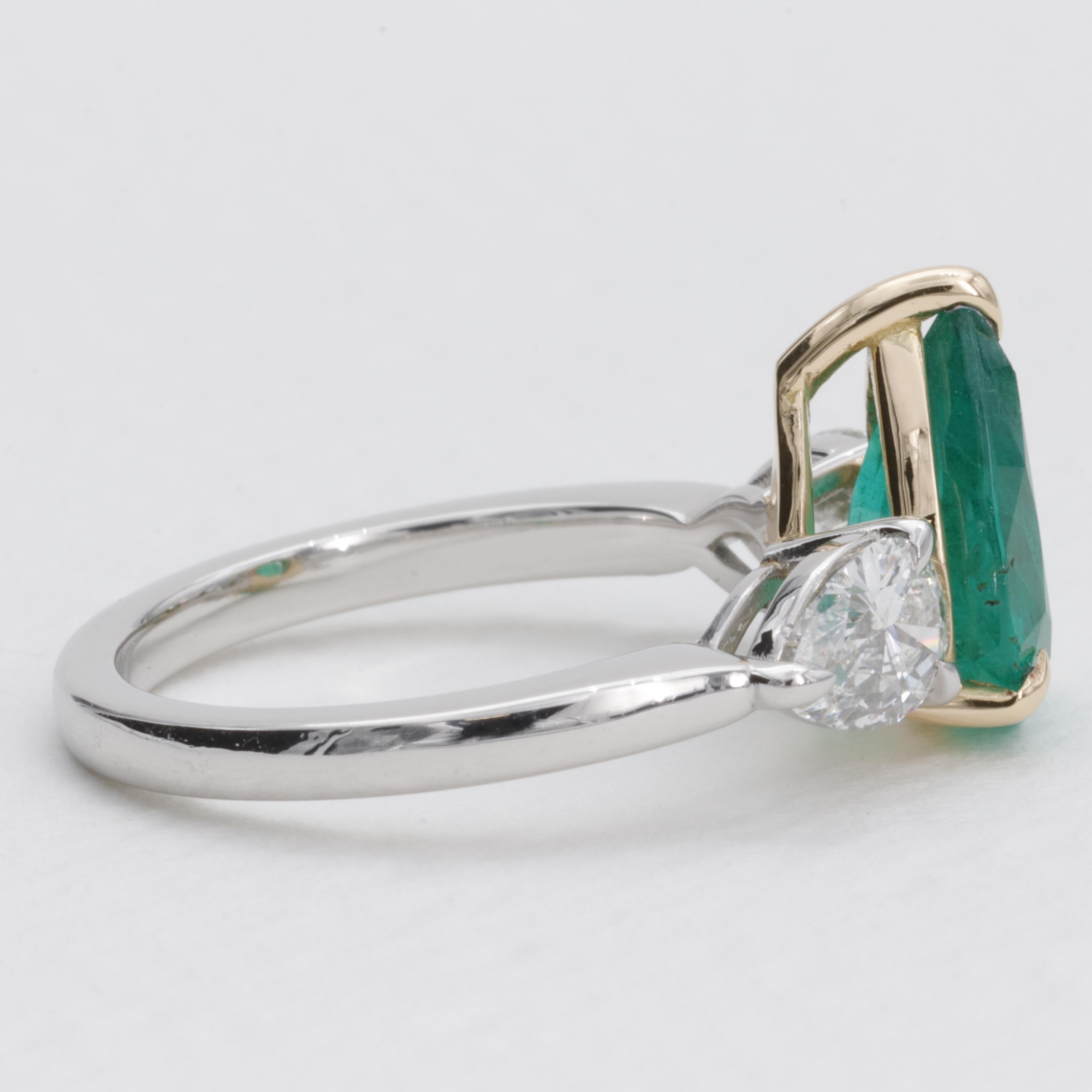 Edward Elise Emerald and Diamond Three Stone Ring in Platinum & 18 Karat For Sale 2