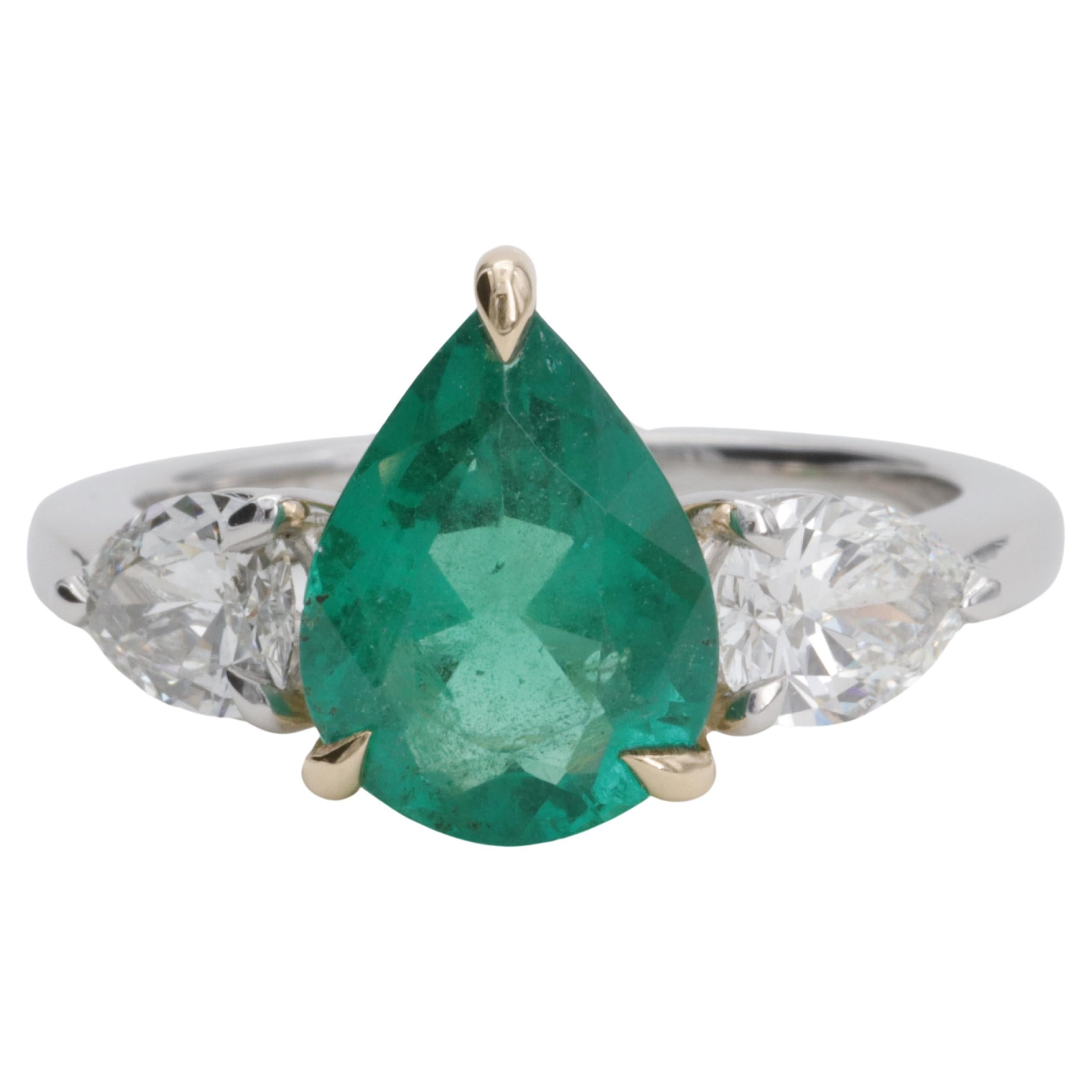 Edward Elise Emerald and Diamond Three Stone Ring in Platinum & 18 Karat For Sale