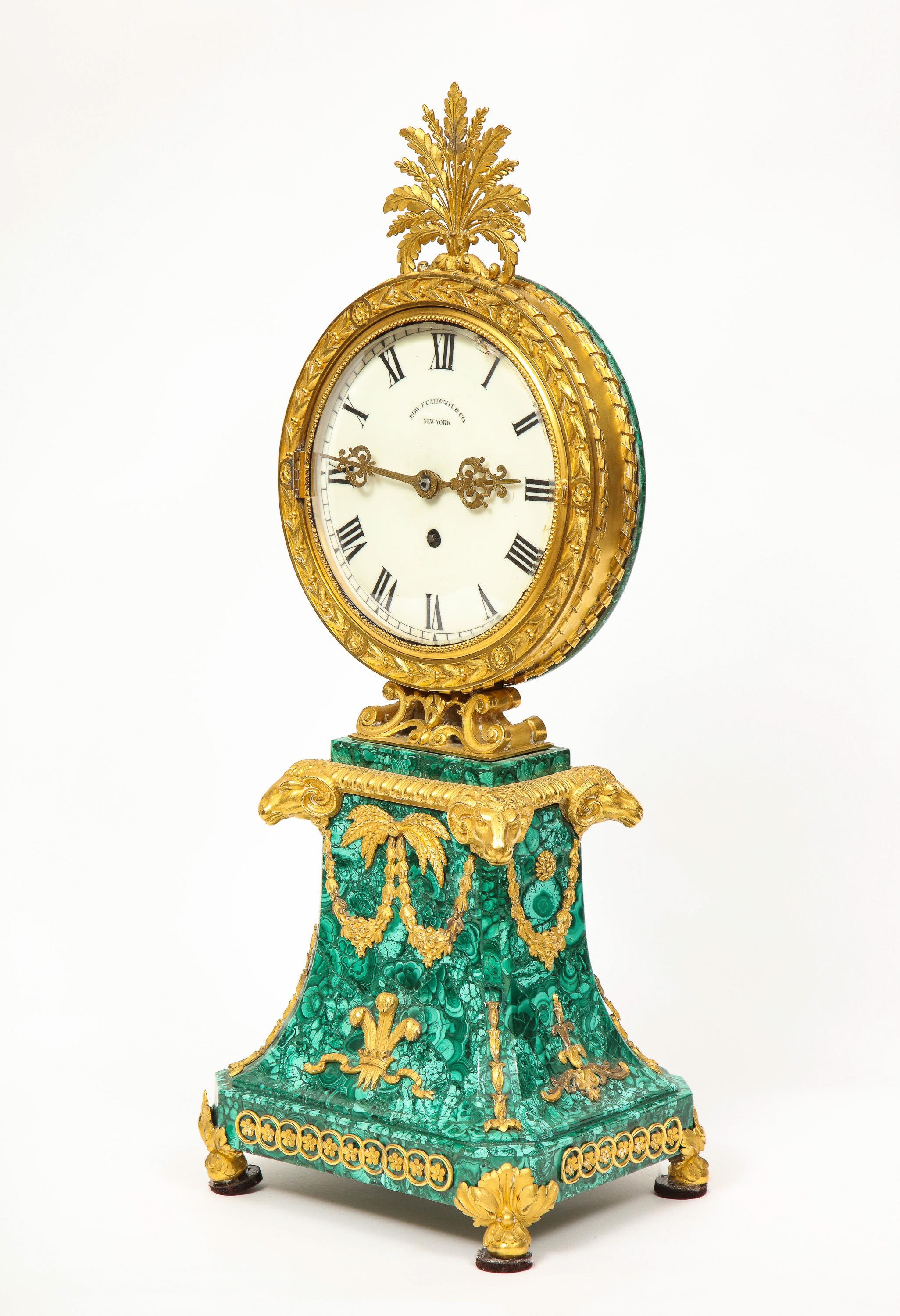 Bronze Edward F. Caldwell, An Extremely Fine and Rare Ormolu-Mounted Malachite Clock For Sale
