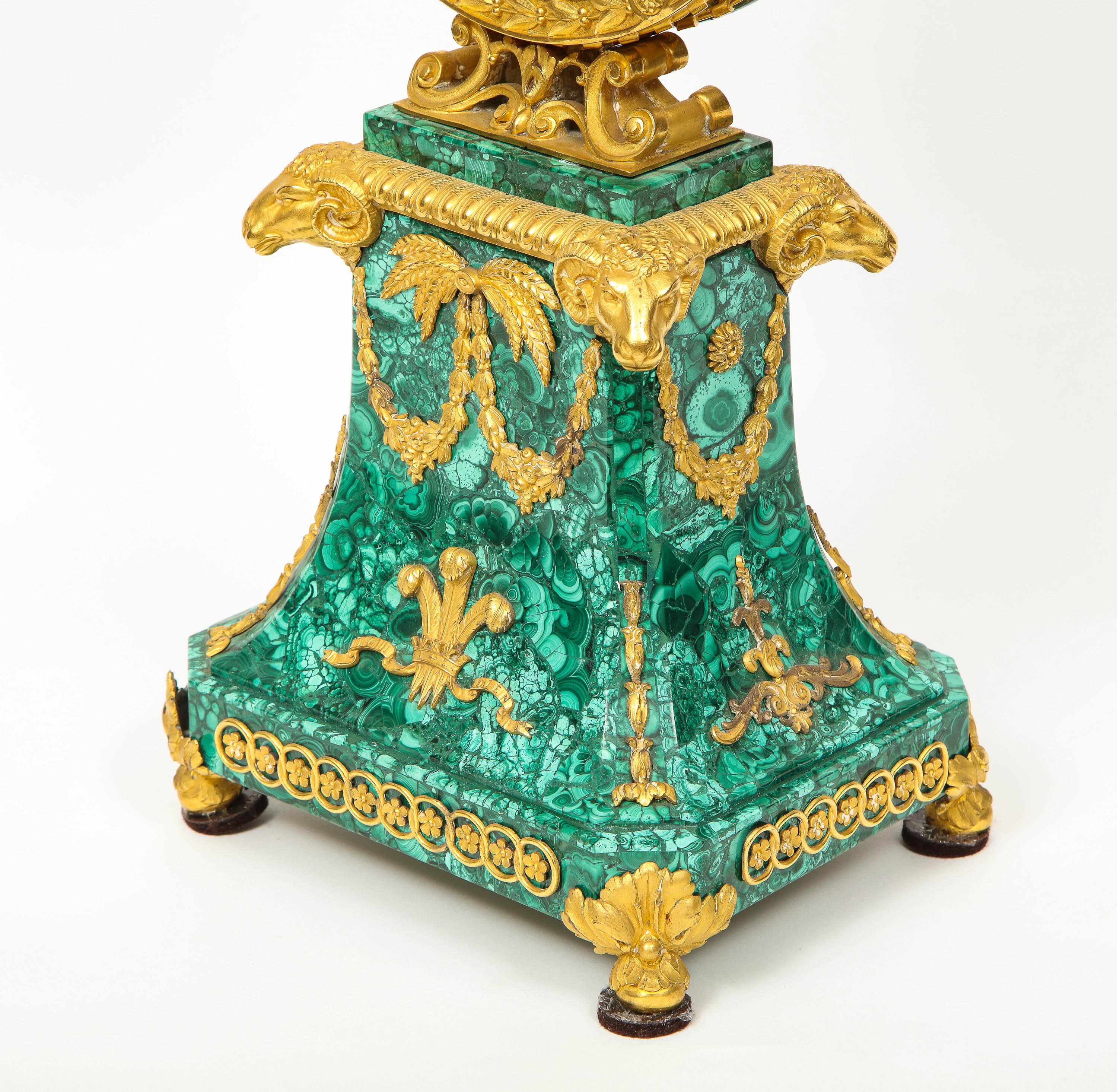 Edward F. Caldwell, An Extremely Fine and Rare Ormolu-Mounted Malachite Clock For Sale 1