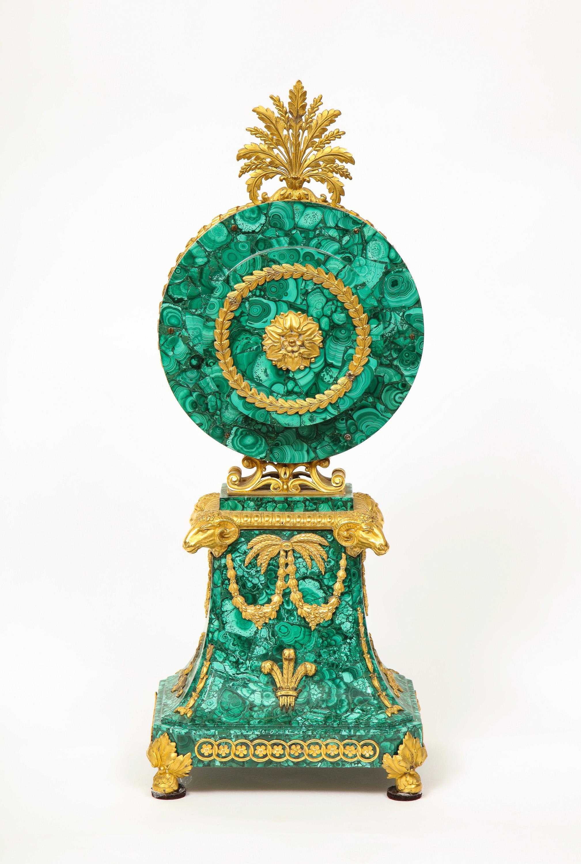 Edward F. Caldwell, An Extremely Fine and Rare Ormolu-Mounted Malachite Clock For Sale 3