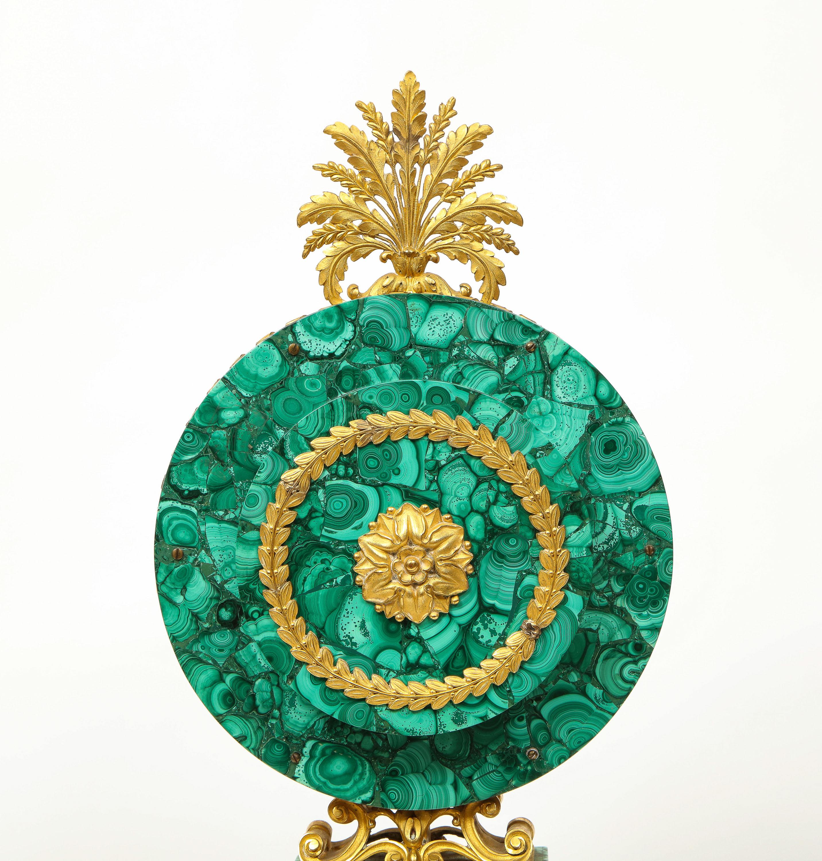 Edward F. Caldwell, An Extremely Fine and Rare Ormolu-Mounted Malachite Clock For Sale 4