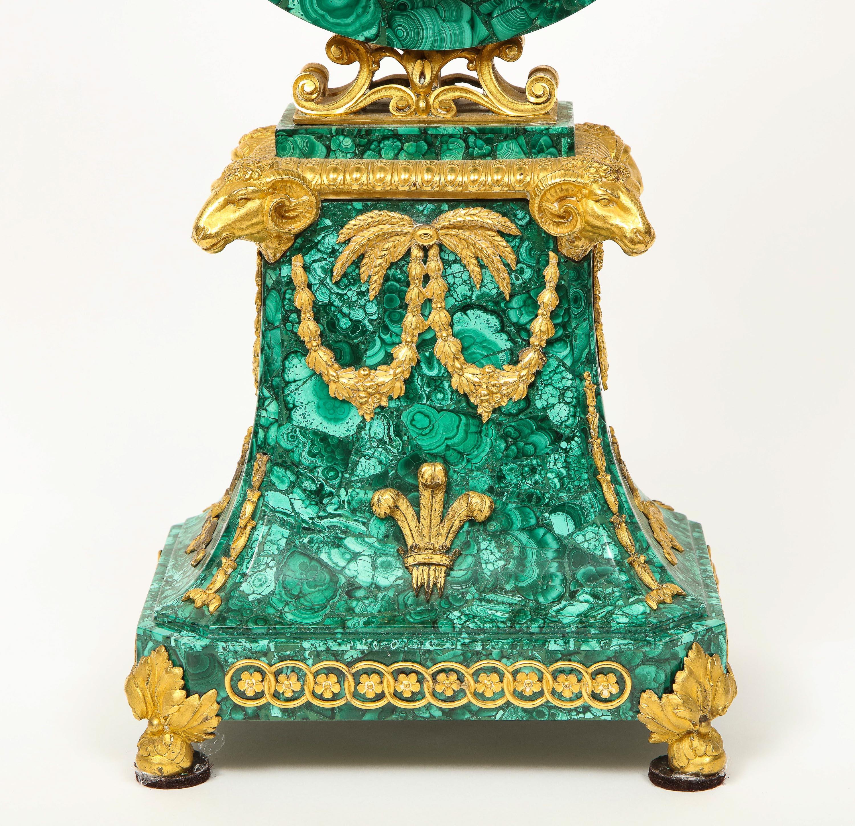 Edward F. Caldwell, An Extremely Fine and Rare Ormolu-Mounted Malachite Clock For Sale 5