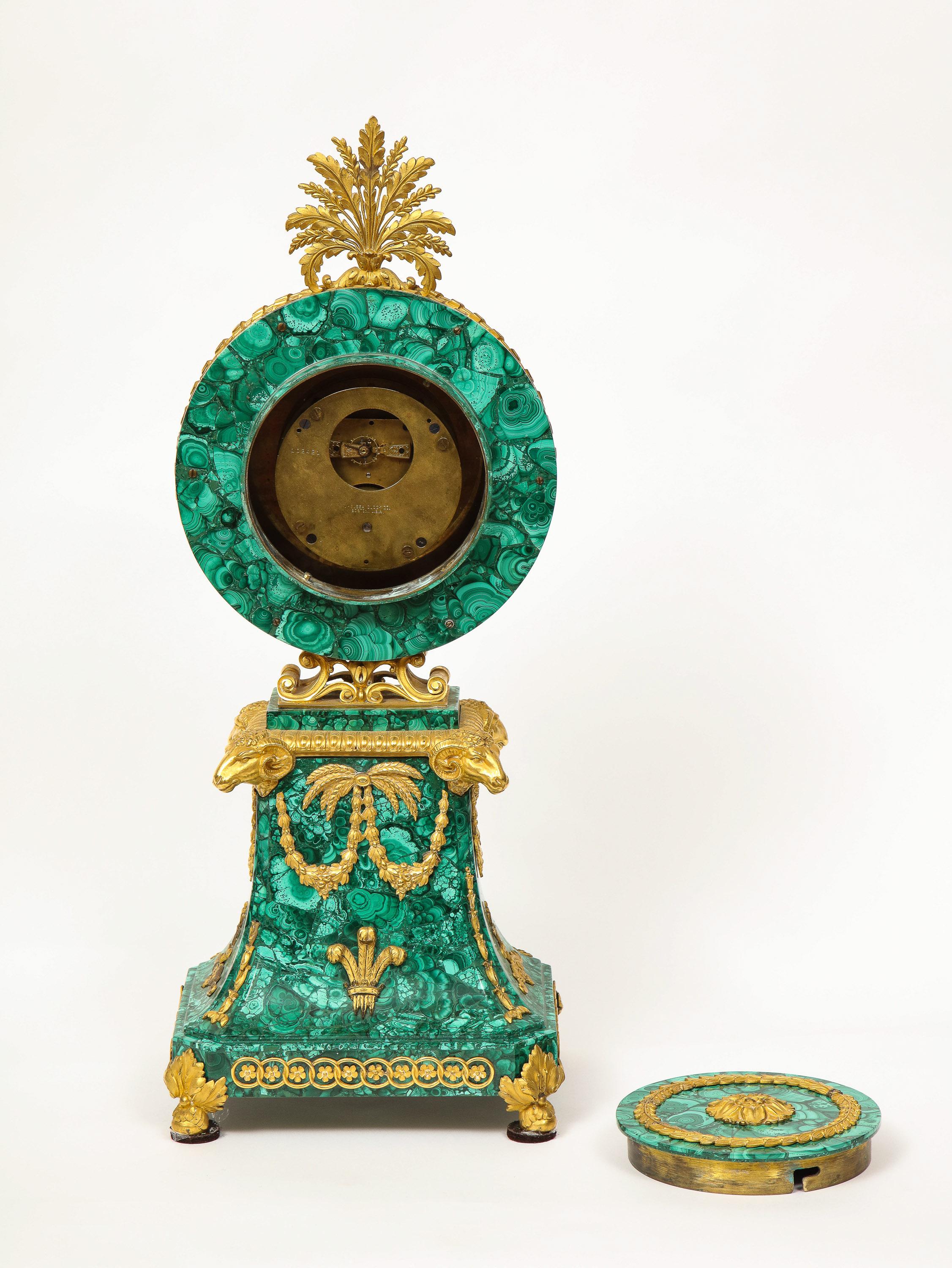 Edward F. Caldwell, An Extremely Fine and Rare Ormolu-Mounted Malachite Clock For Sale 6