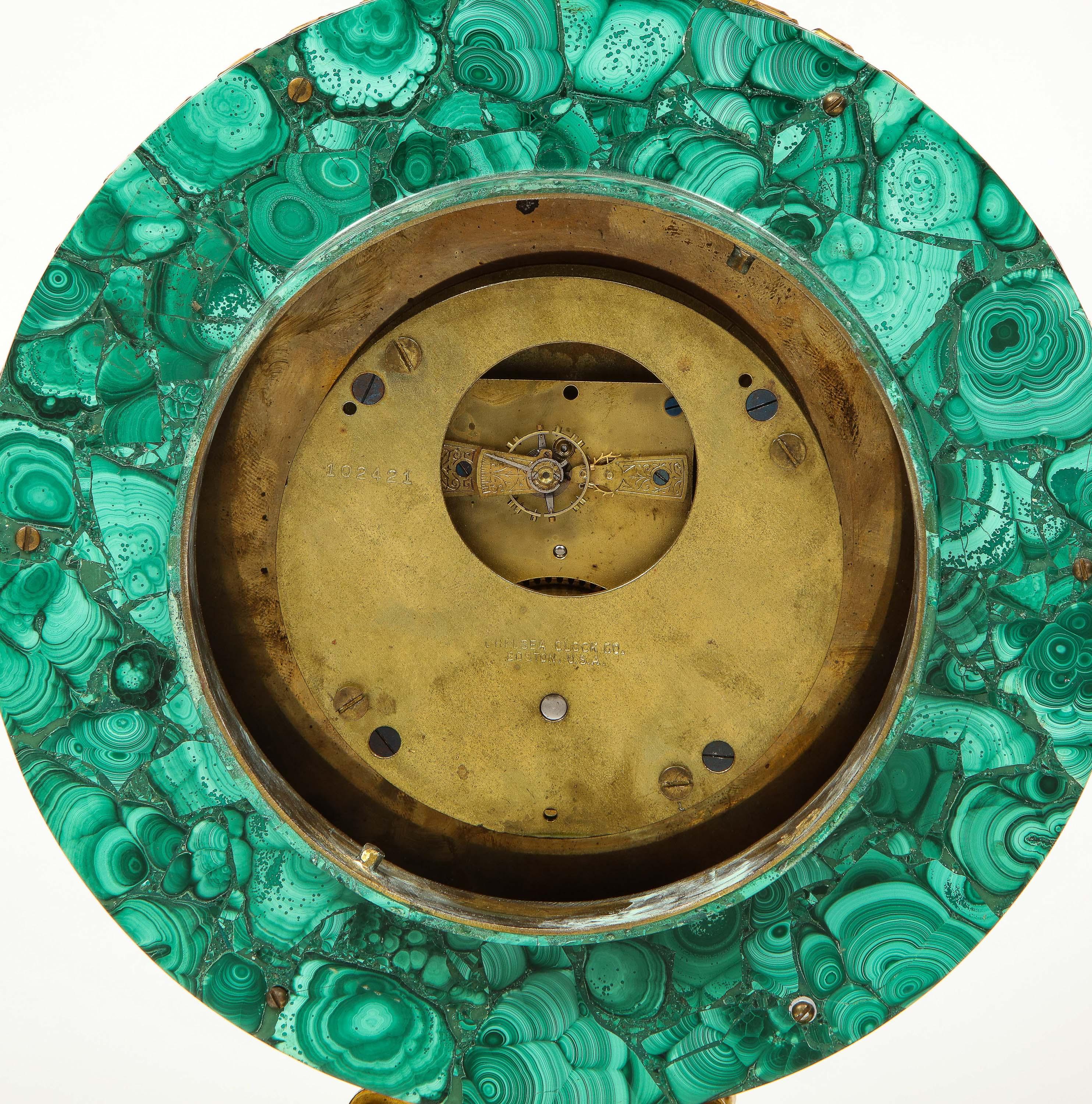 Edward F. Caldwell, An Extremely Fine and Rare Ormolu-Mounted Malachite Clock For Sale 7