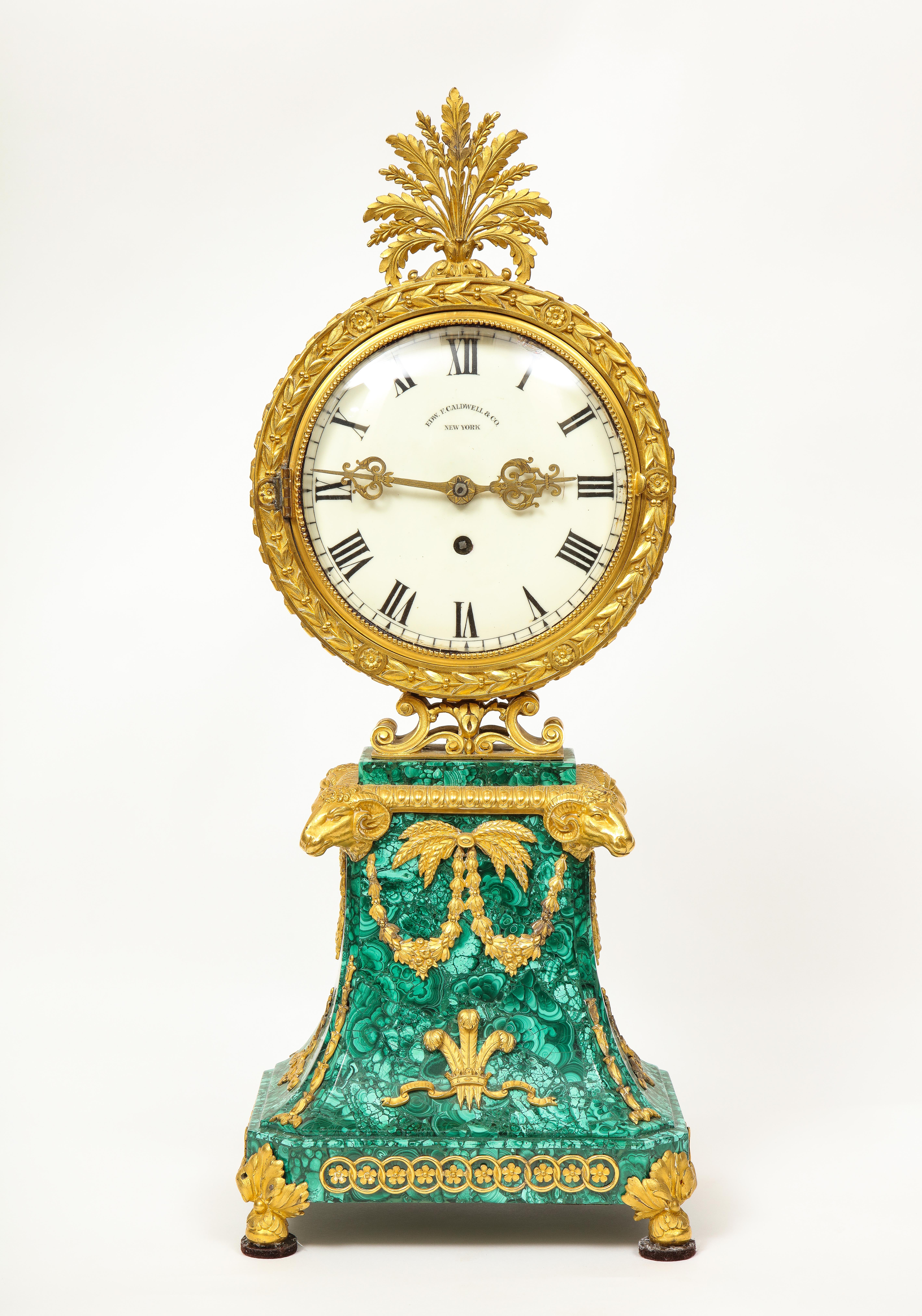 Edward F. Caldwell, An Extremely Fine and Rare Ormolu-Mounted Malachite Clock For Sale 9