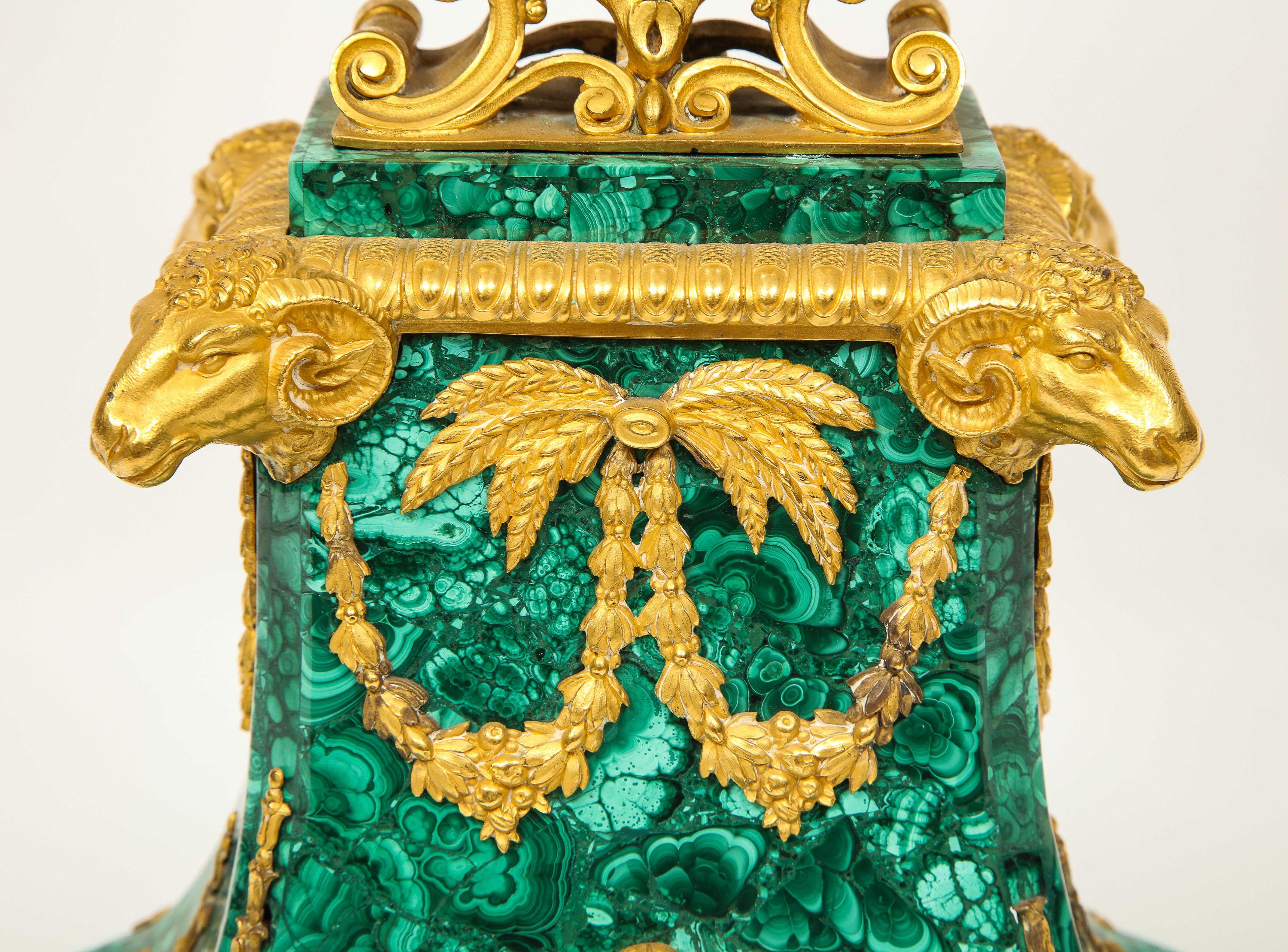 American Edward F. Caldwell, An Extremely Fine and Rare Ormolu-Mounted Malachite Clock For Sale