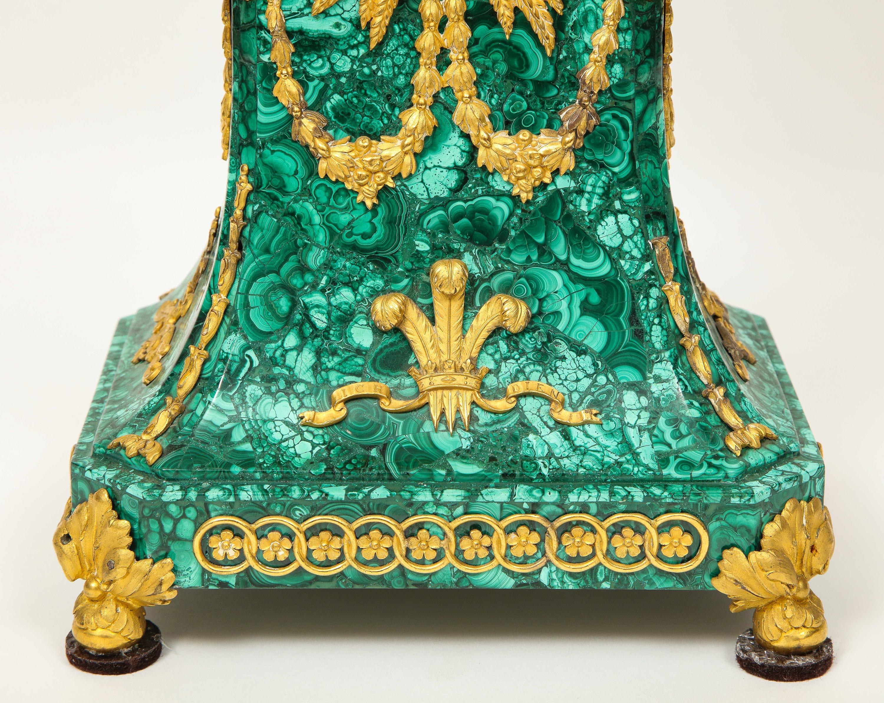 Edward F. Caldwell, An Extremely Fine and Rare Ormolu-Mounted Malachite Clock In Good Condition For Sale In New York, NY