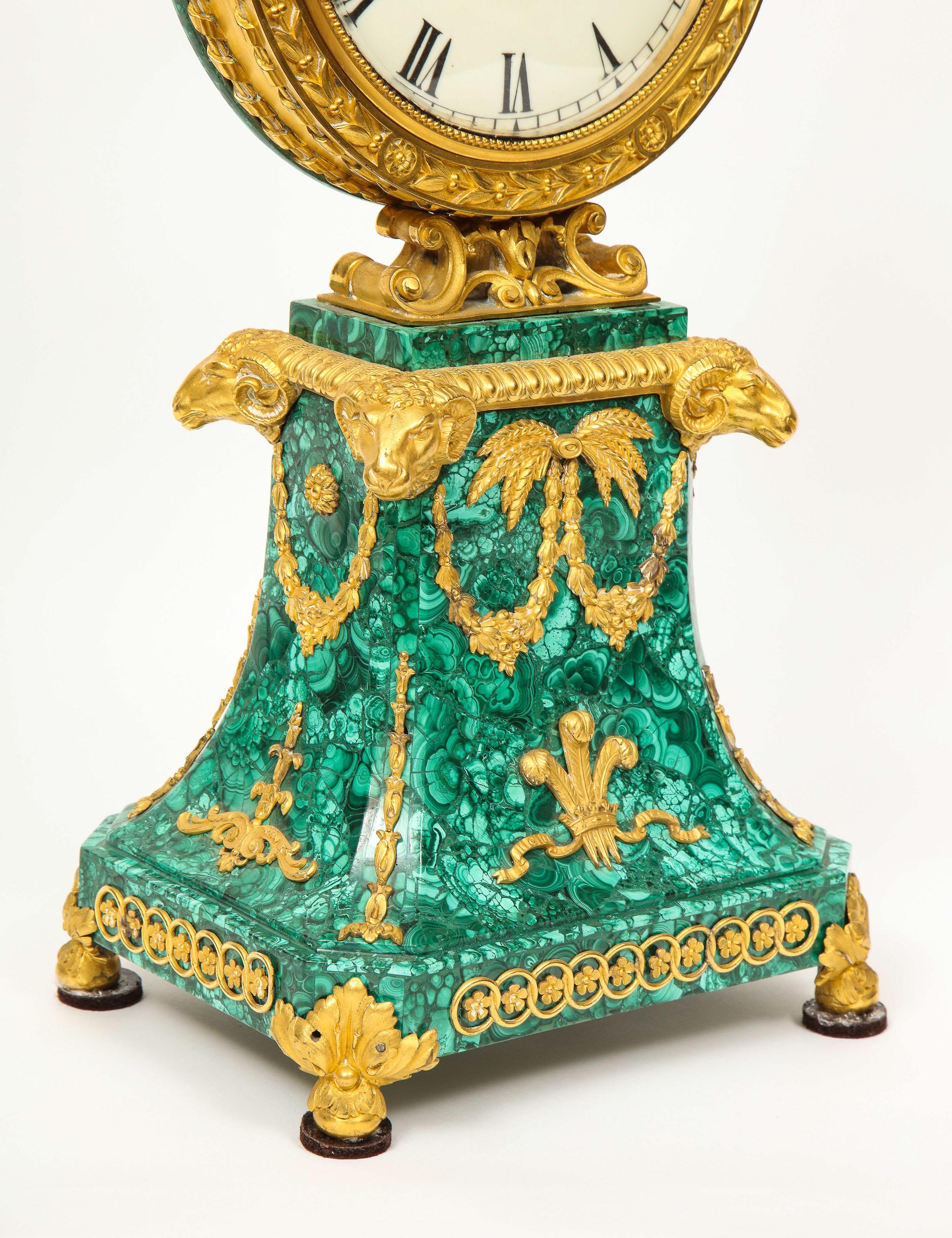 20th Century Edward F. Caldwell, An Extremely Fine and Rare Ormolu-Mounted Malachite Clock For Sale