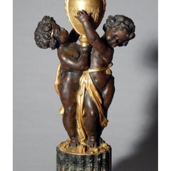 Edward F Caldwell Gilt and Patinated Bronze Lamps with Putti and Green Marble