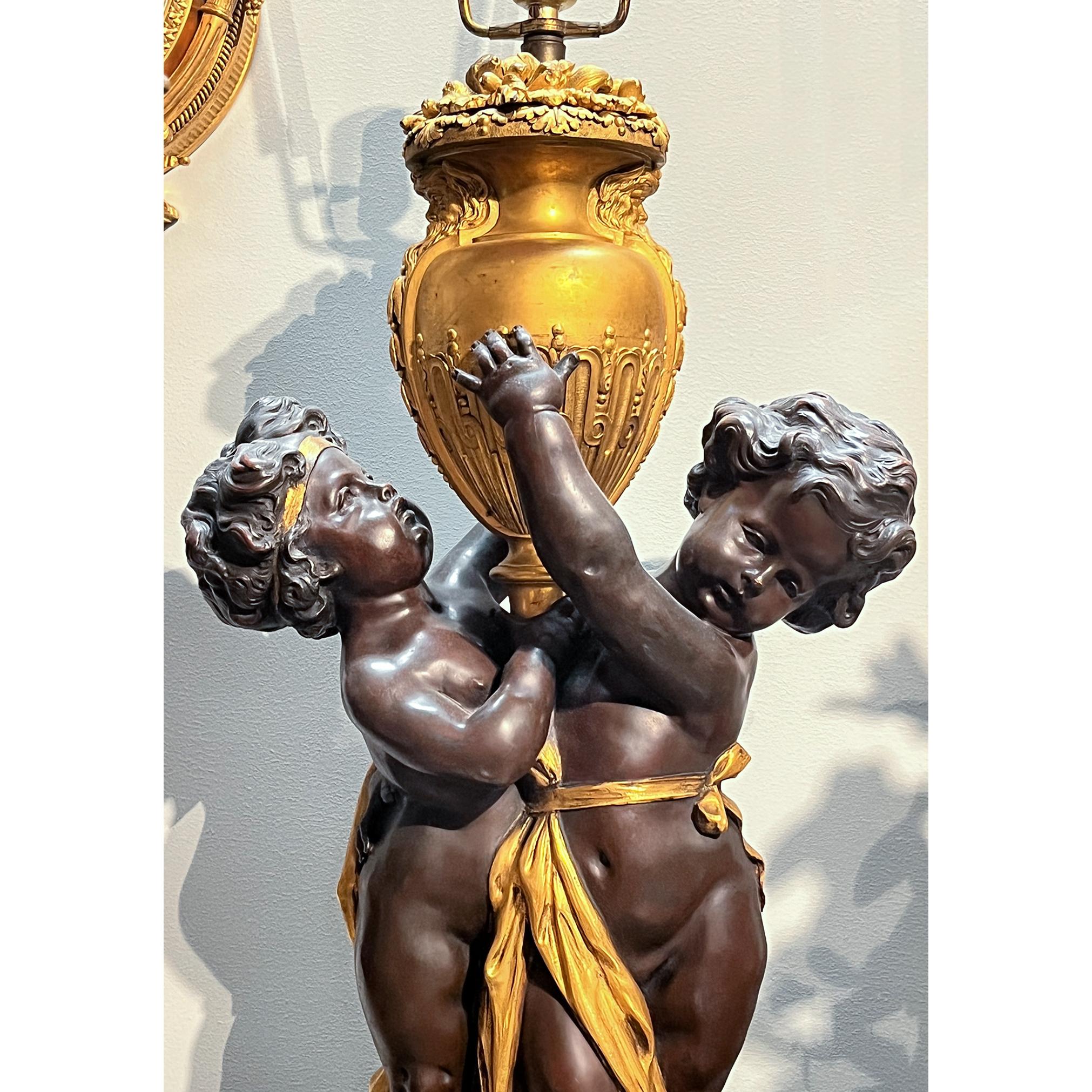 Carved Edward F Caldwell Gilt and Patinated Bronze Lamps with Putti and Green Marble  For Sale