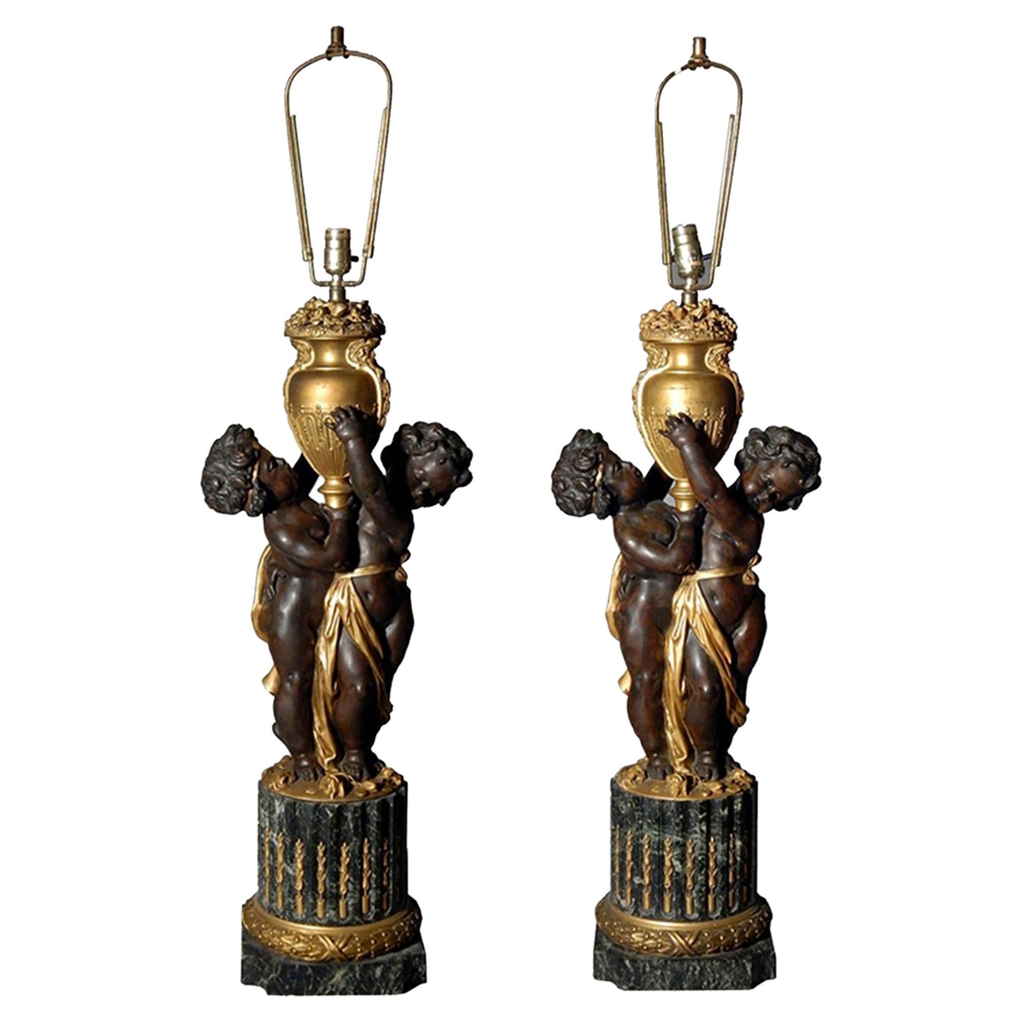 Edward F Caldwell Gilt and Patinated Bronze Lamps with Putti and Green Marble  For Sale
