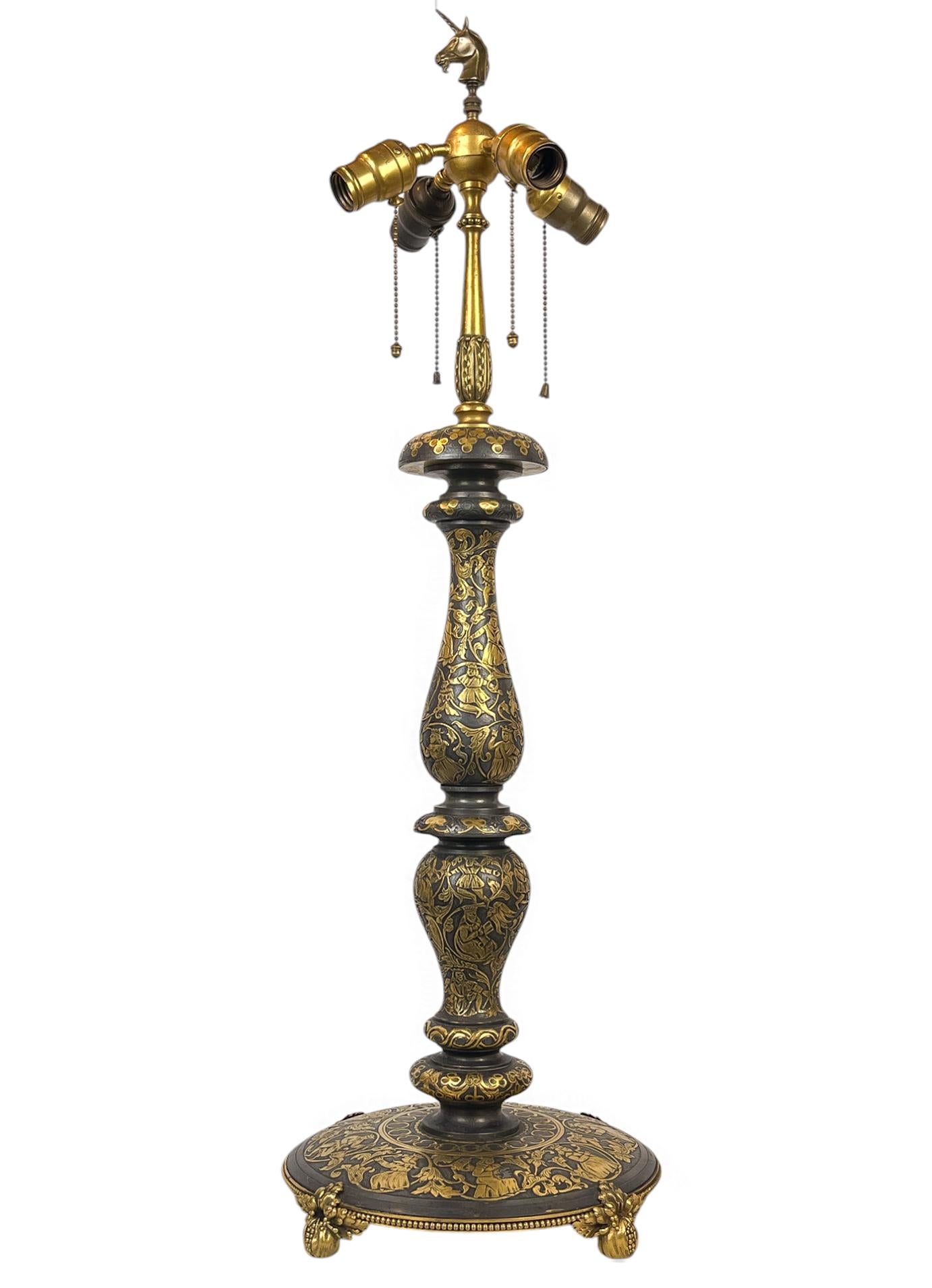 Edward F. Caldwell Gilt & Silvered Renaissance Revival Style Bronze Table Lamp For Sale 2