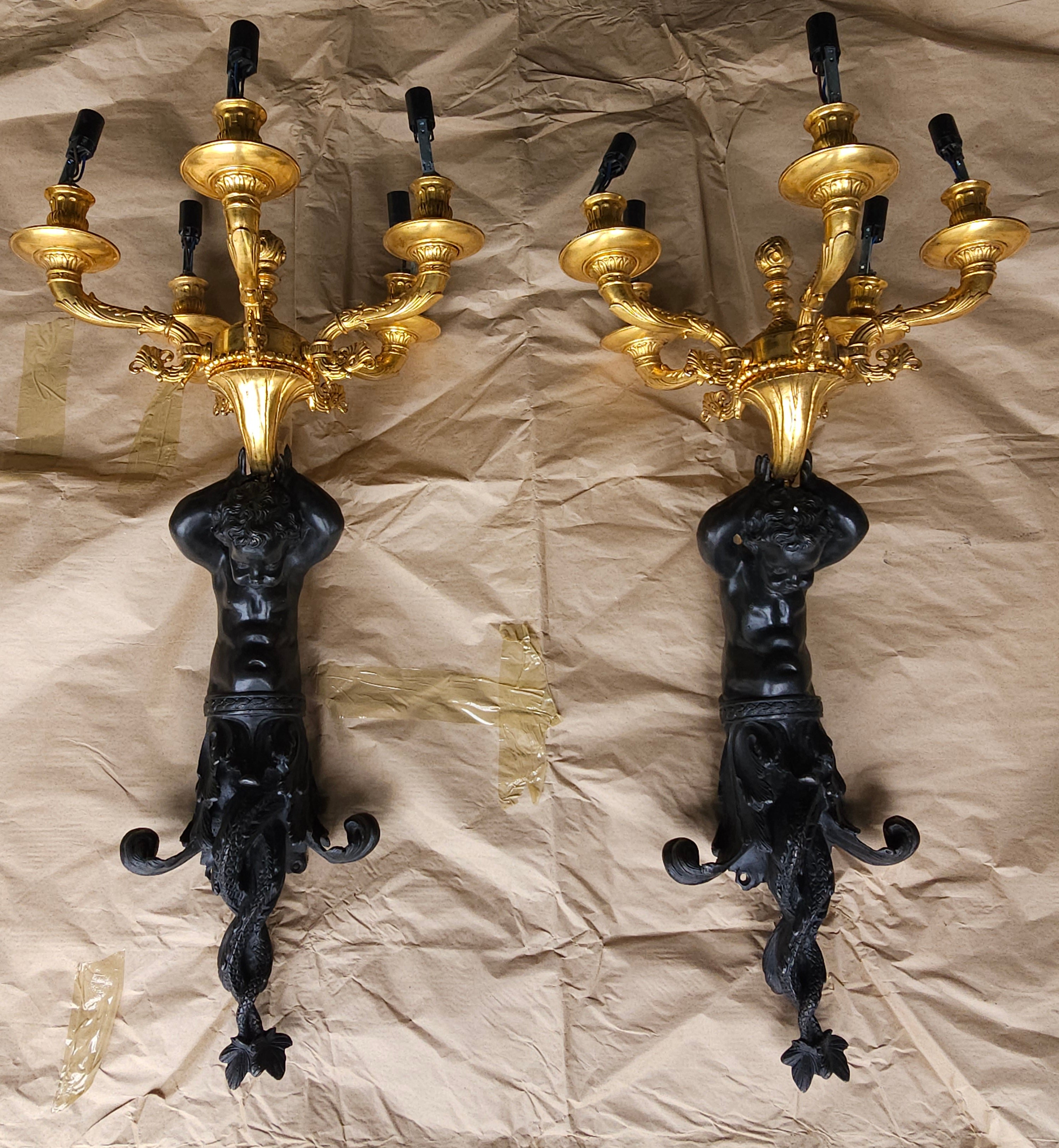 Edward F. Caldwell Massive Patinated Bronze Triton Figural 5-Light Sconces, Pair For Sale 2