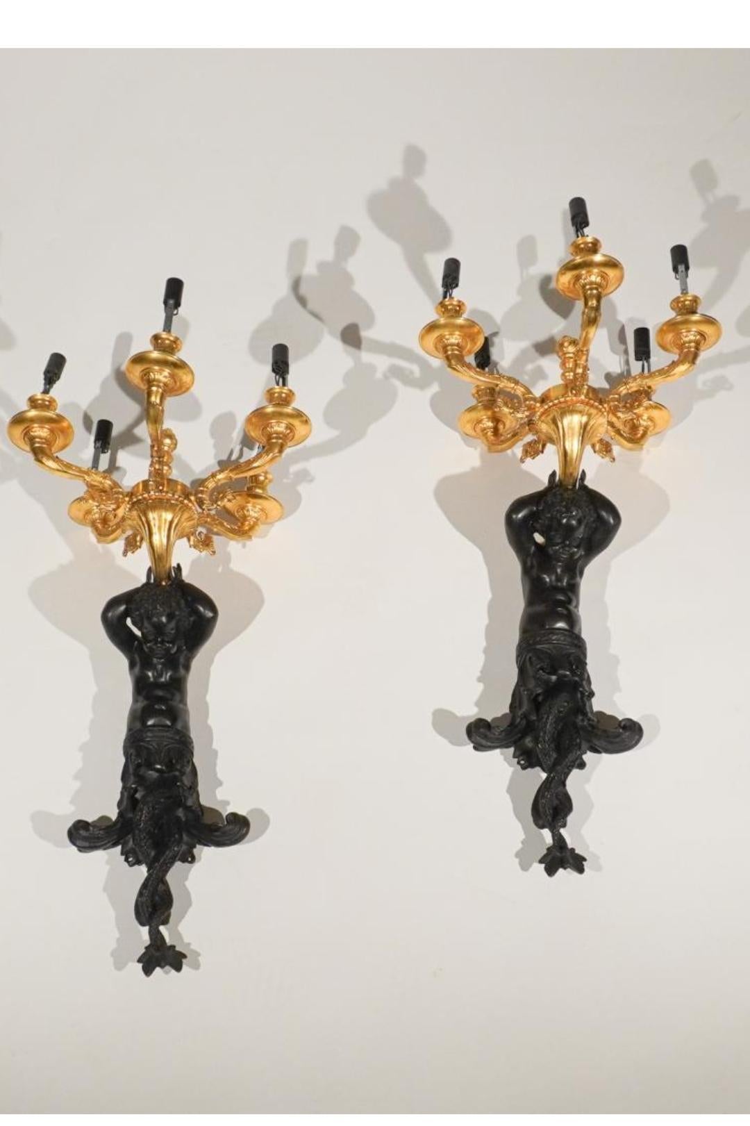 Edward F. Caldwell Massive Patinated Bronze Triton Figural 5-Light Sconces, Pair For Sale 5