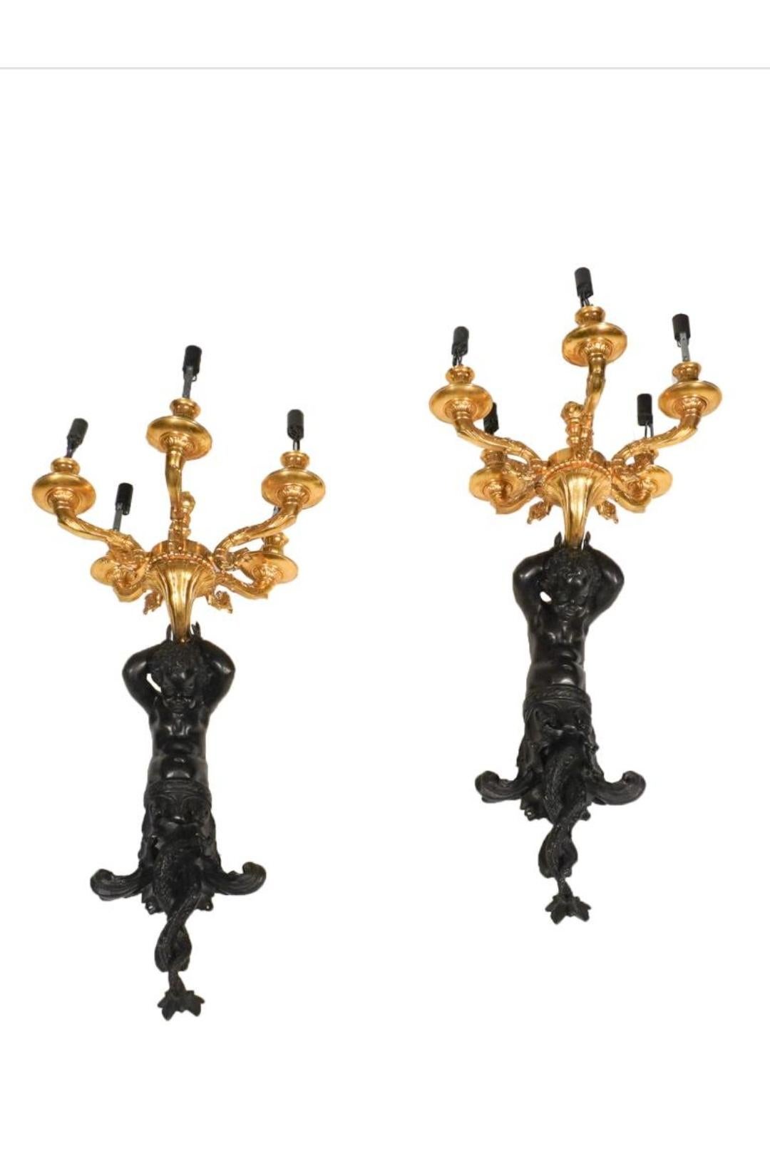 Edward F. Caldwell Massive Patinated Bronze Triton Figural 5-Light Sconces, Pair For Sale 6